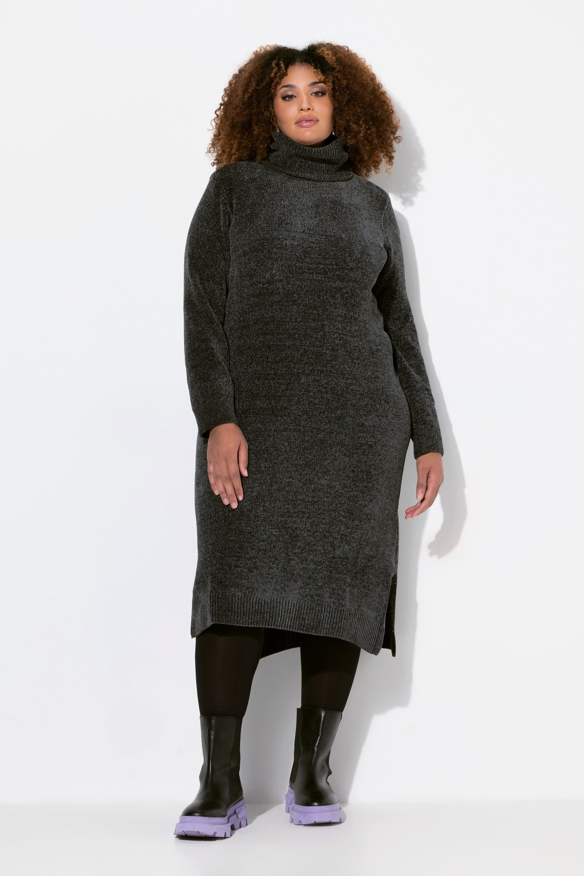 Ulla Popken Midikleid Chenille-Kleid Strukturstrick Rollkragen Langarm