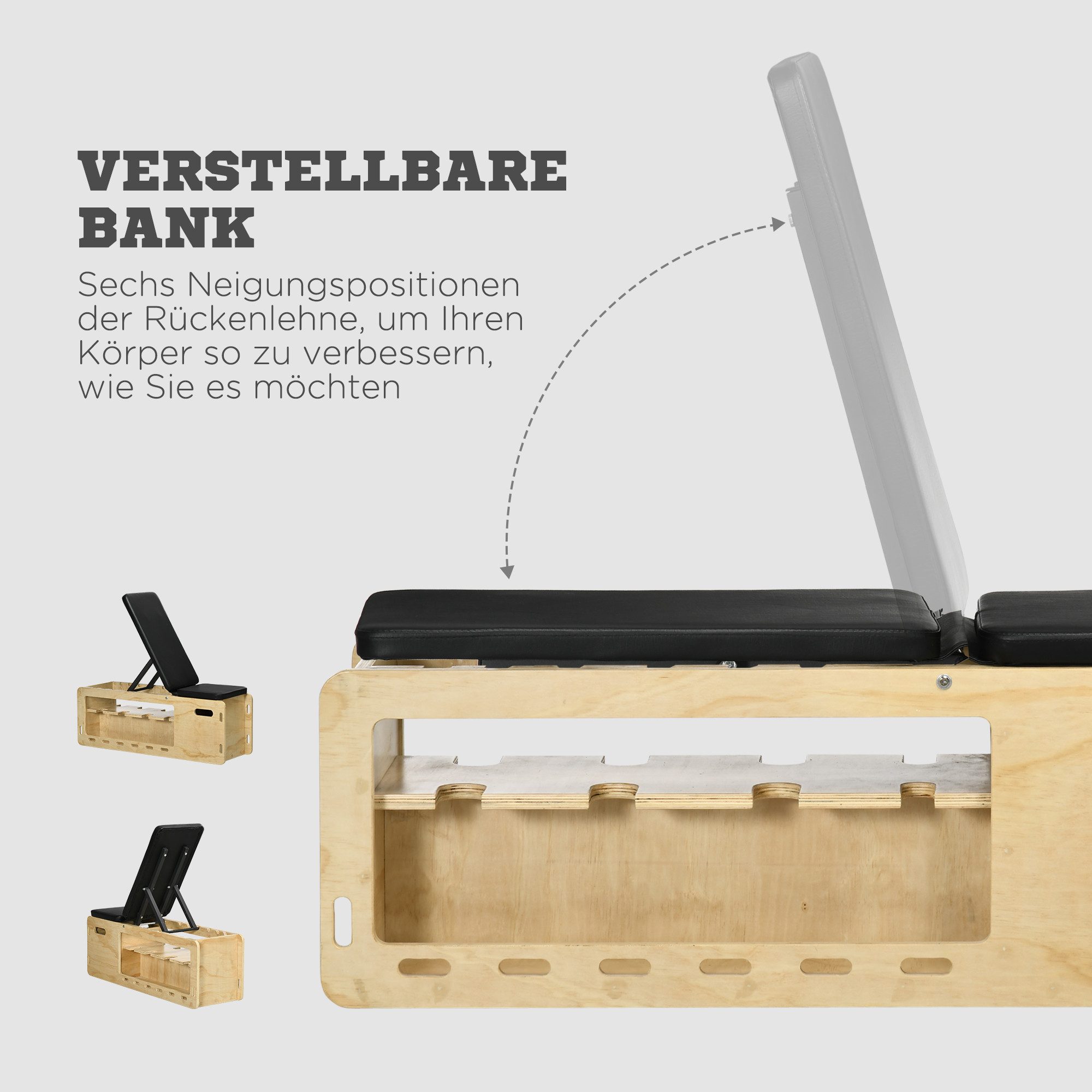 HOMCOM Hantelbank mit Aufbewahrungsbox und Widerstandsbändern, (Trainingsbank, 1-tlg., Verstellbare Fitnessbank), für Gewichtheben, Krafttraining, Massivholz