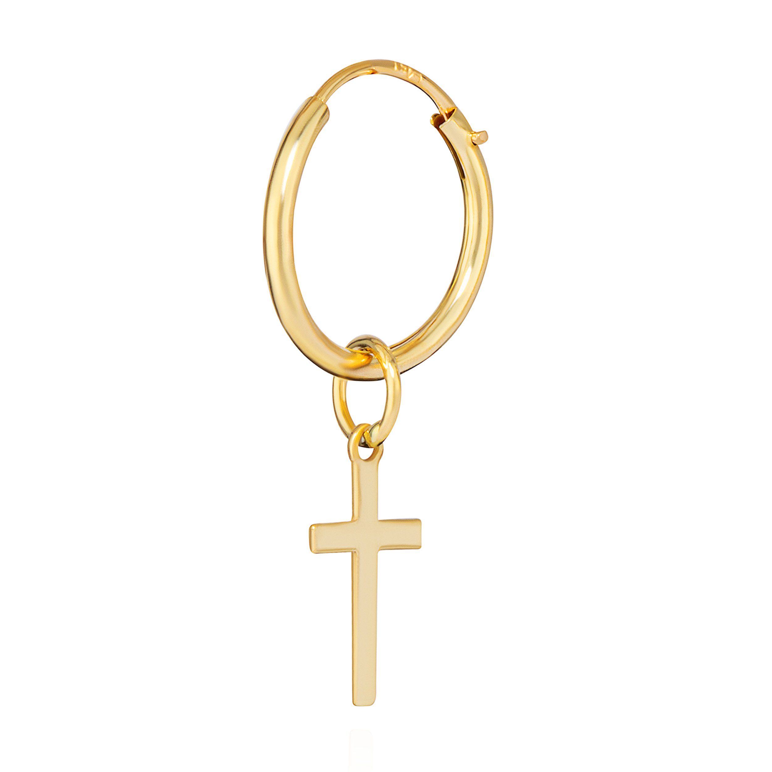NKlaus Single-Creole Einzel 10 mm Gothic Creole mit Kreuz 585 Gelb Gold 14 Karat Kreuz Ohrr