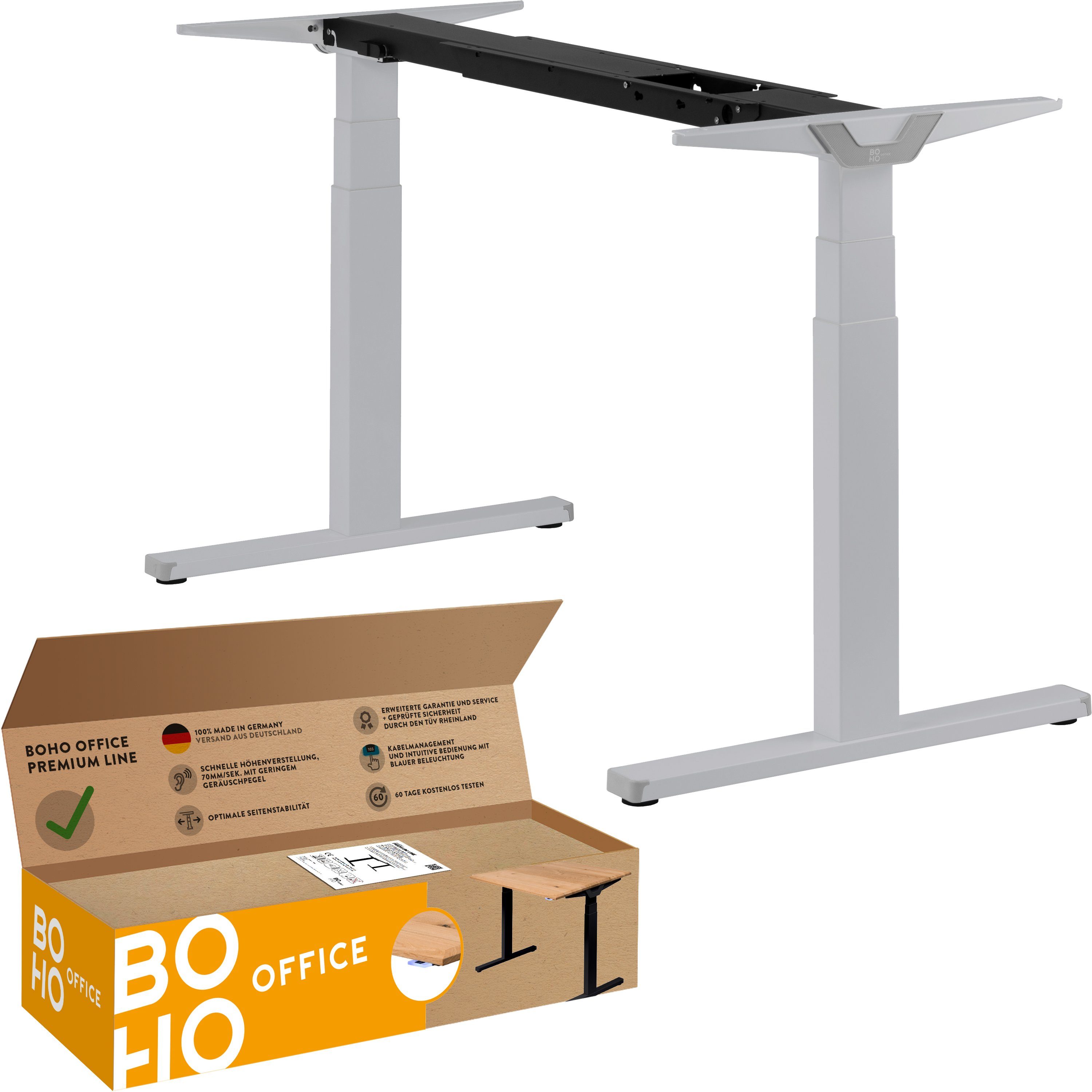 boho office® Schreibtisch Premium Line, elektrisch stufenlos höhenverstellbar in Silber - Made in Germany - Silber | ohne Tischplatte