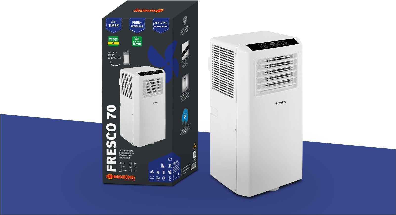 Sonnenkönig Fresco 90 air conditioner, cooling capacity 9000 Btu/h, up to approx. 30m², energy class A, direct drain, 2 fan speeds, incl. 1.5m exhaust hose
