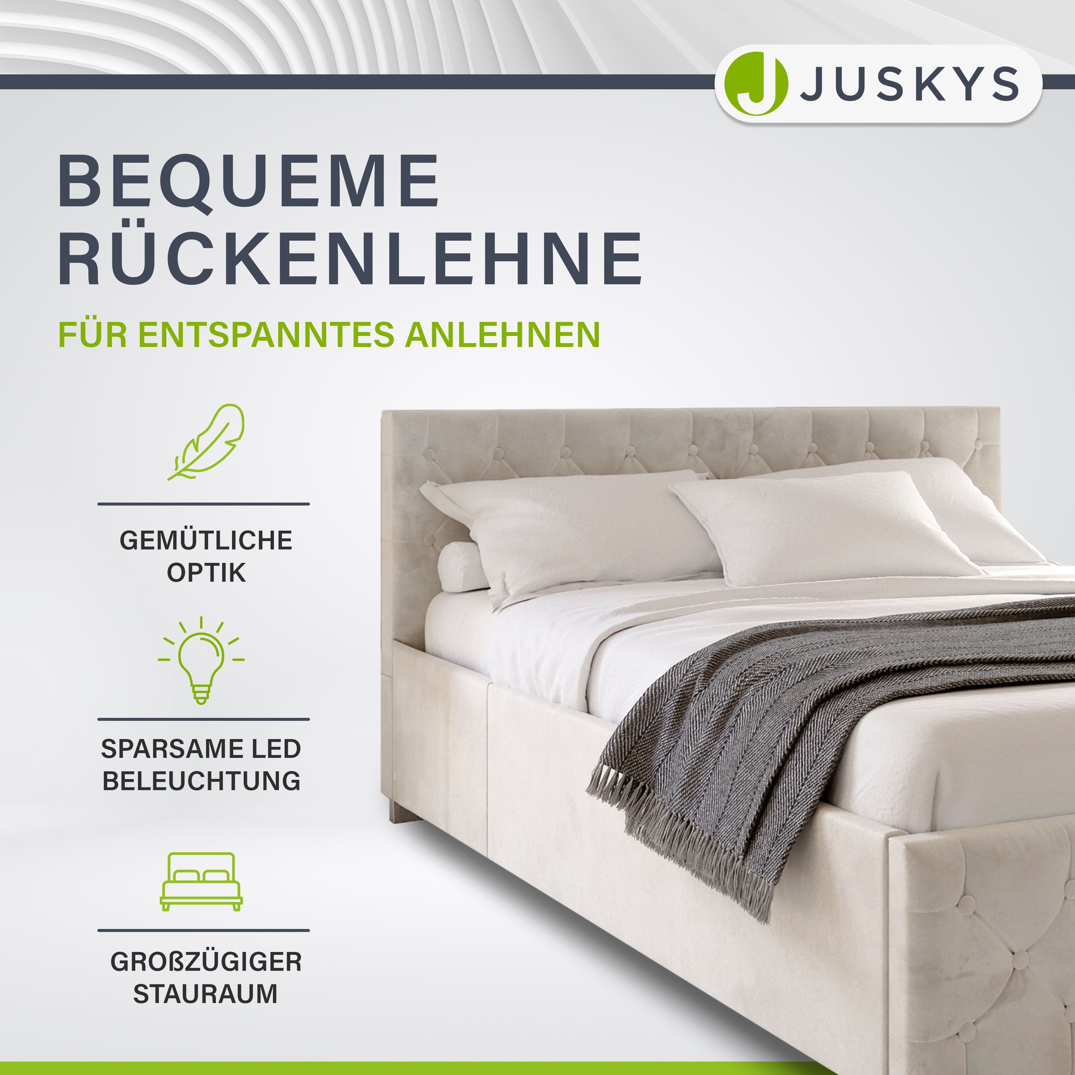 Juskys Polsterbett Nizza, Stauraum, LED Licht, Chesterfield Steppung, Samtbezug