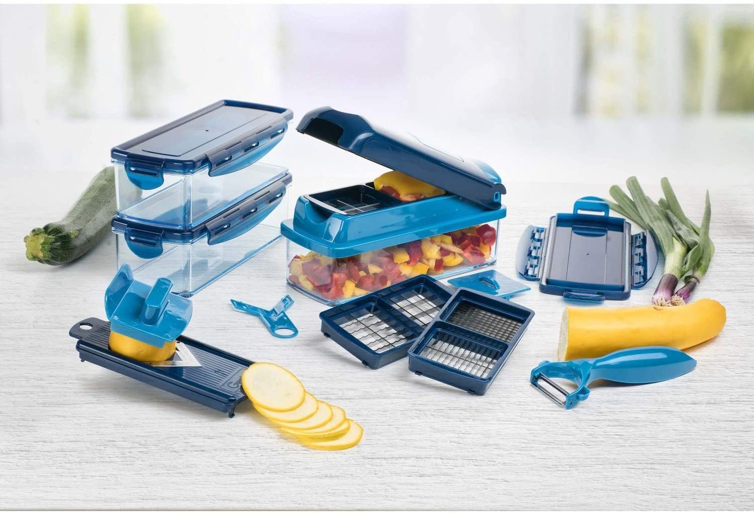 Genius Gemüseschneider Nicer Dicer Smart 14tlg. Gemüsehobel Würfelschneider, 3 Auffangbehälter mit 800 ml Fassungsvolumen Madoline Salatschneider