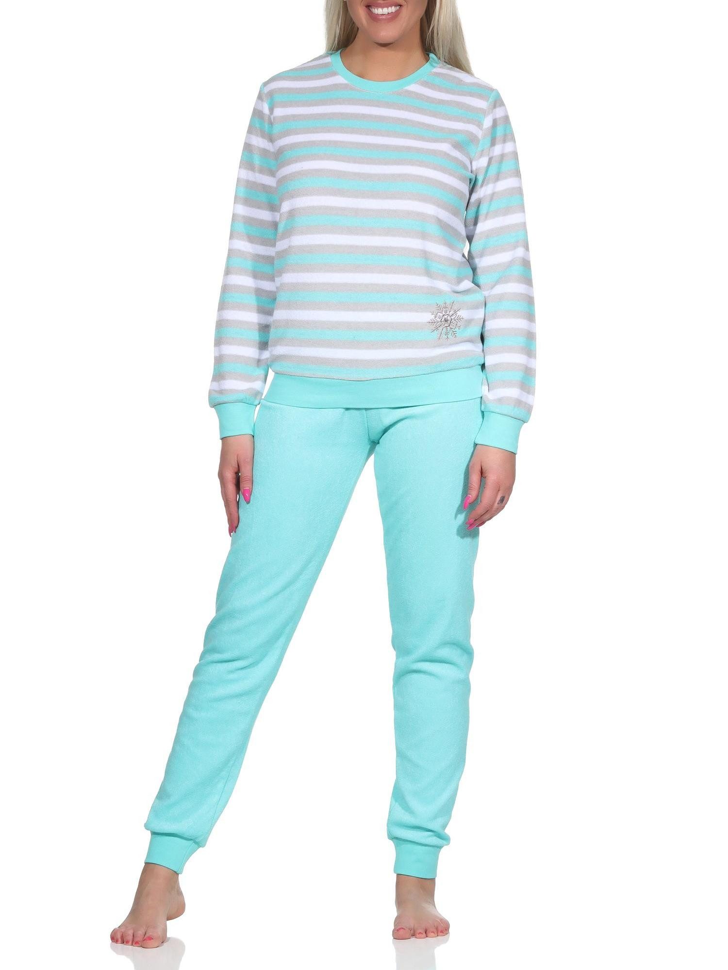 Normann Pyjama Damen Frottee Schlafanzug Pyjama in Ringel-Optik + Eiskristall-Motiv