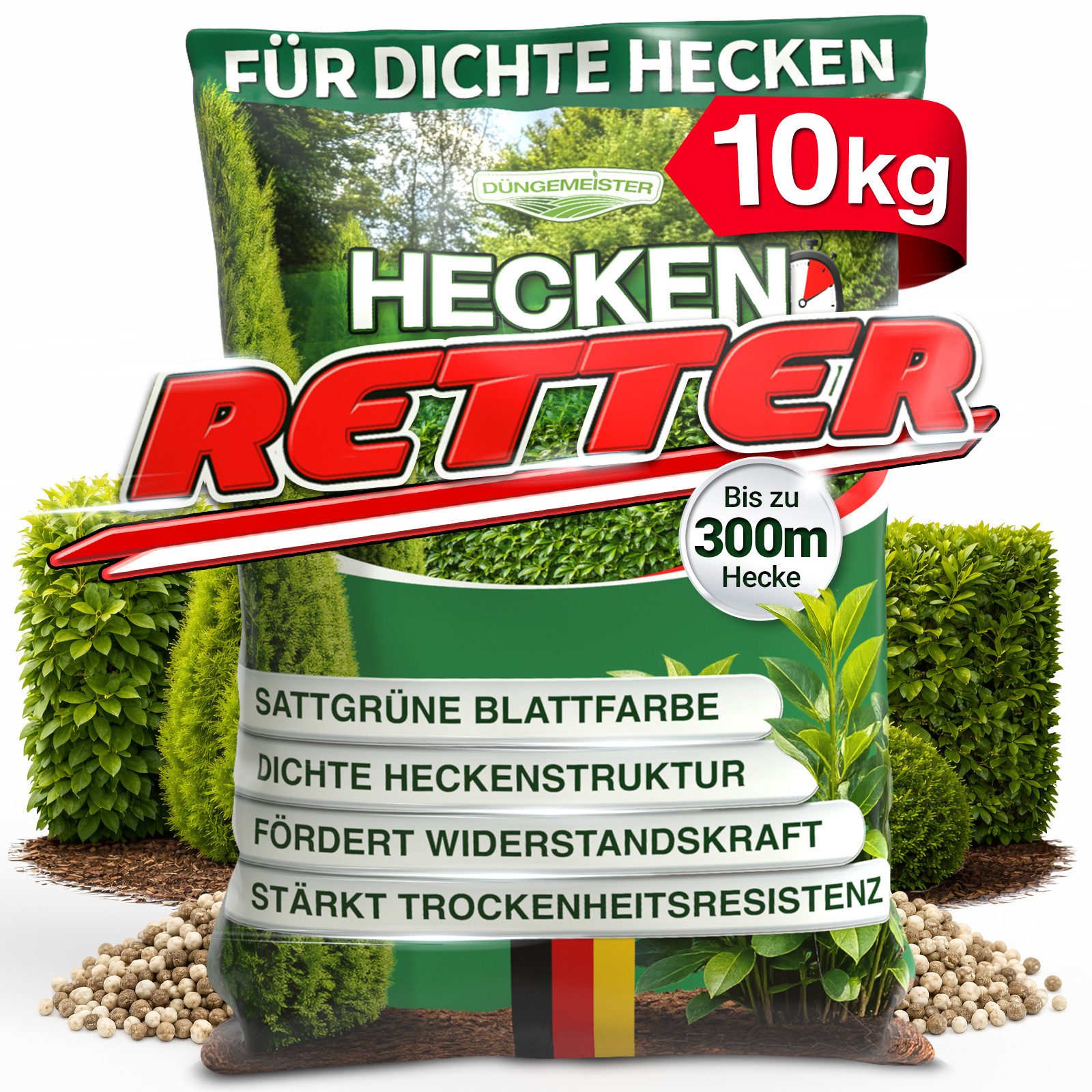 DÜNGEMEISTER Spezialdünger Heckenretter Heckendünger Dünger für grüne Hecken 5/10kg, Granulat, Extra Magnesium, Spezialdünger für Hecken, junge Gehölze und Neuanpflanzungen