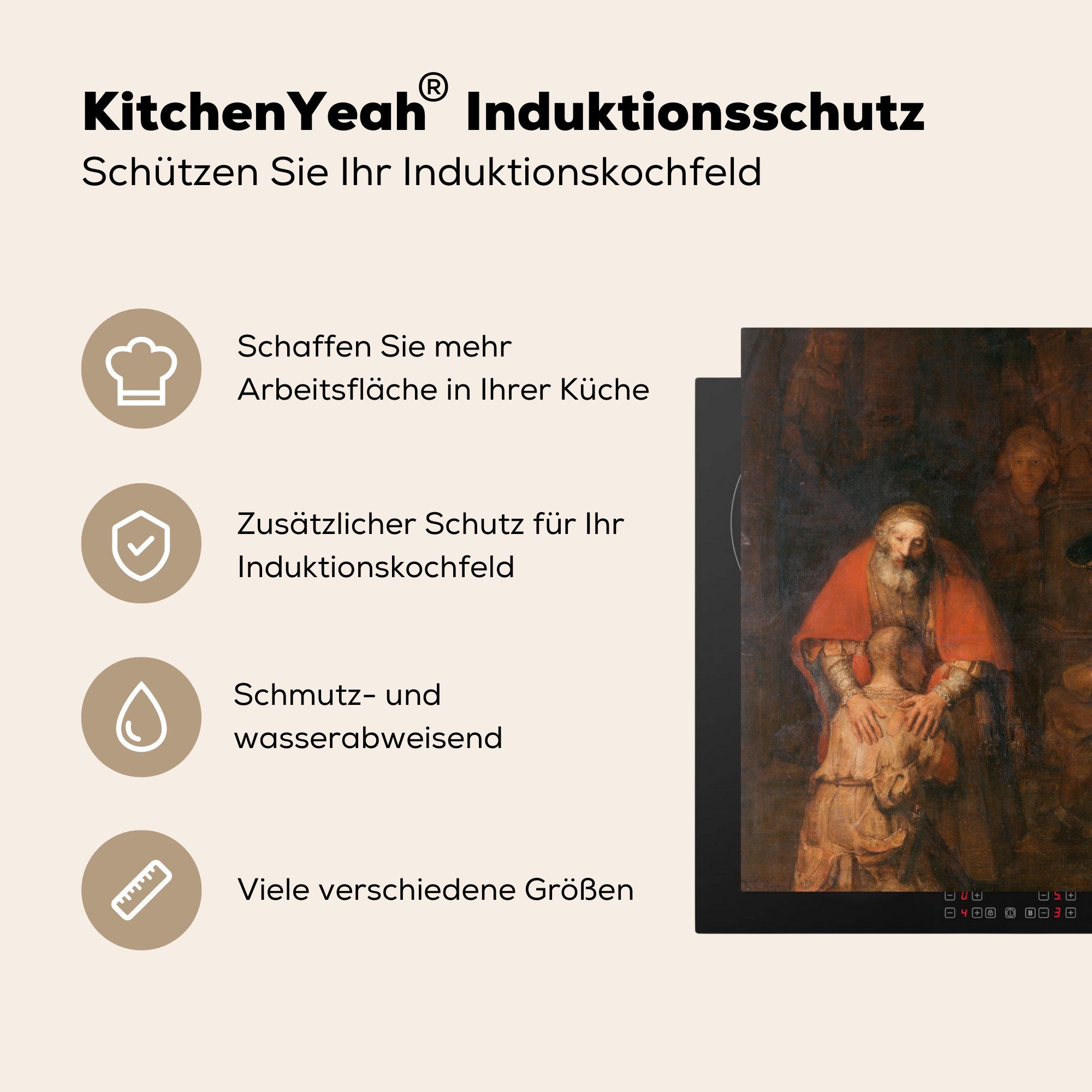 MuchoWow Herdblende-/Abdeckplatte Rückkehr cm, 78x78 des - von Rijn, Arbeitsplatte van Vinyl, tlg), Die verlorenen für küche Gemälde Rembrandt Sohnes Ceranfeldabdeckung, (1