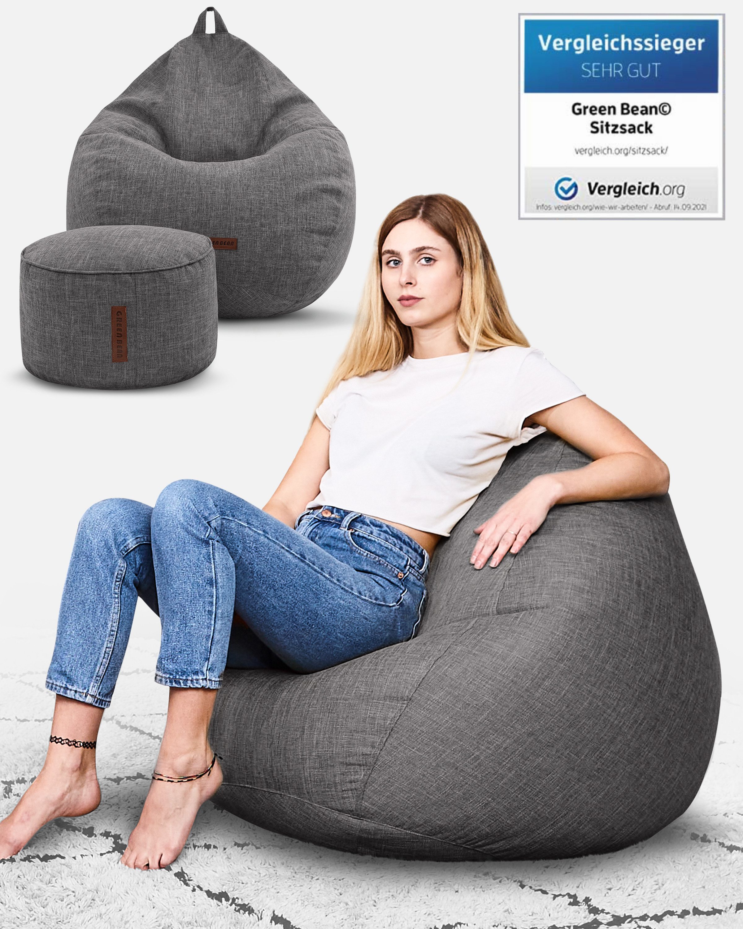 Green Bean Sitzsack Indoor Sitzsack L Home Linen + Hocker (2er Set Indoor Sitzsack 80x90x50cm + Sitzpouf 45x25cm mit EPS-Perlen Füllung -, Fußhocker Fußkissen Sitz-pouf Bodenkissen Liegekissen), Sitzkissen Lounge Chair Sitzhocker Relax-Sessel Bean Bag