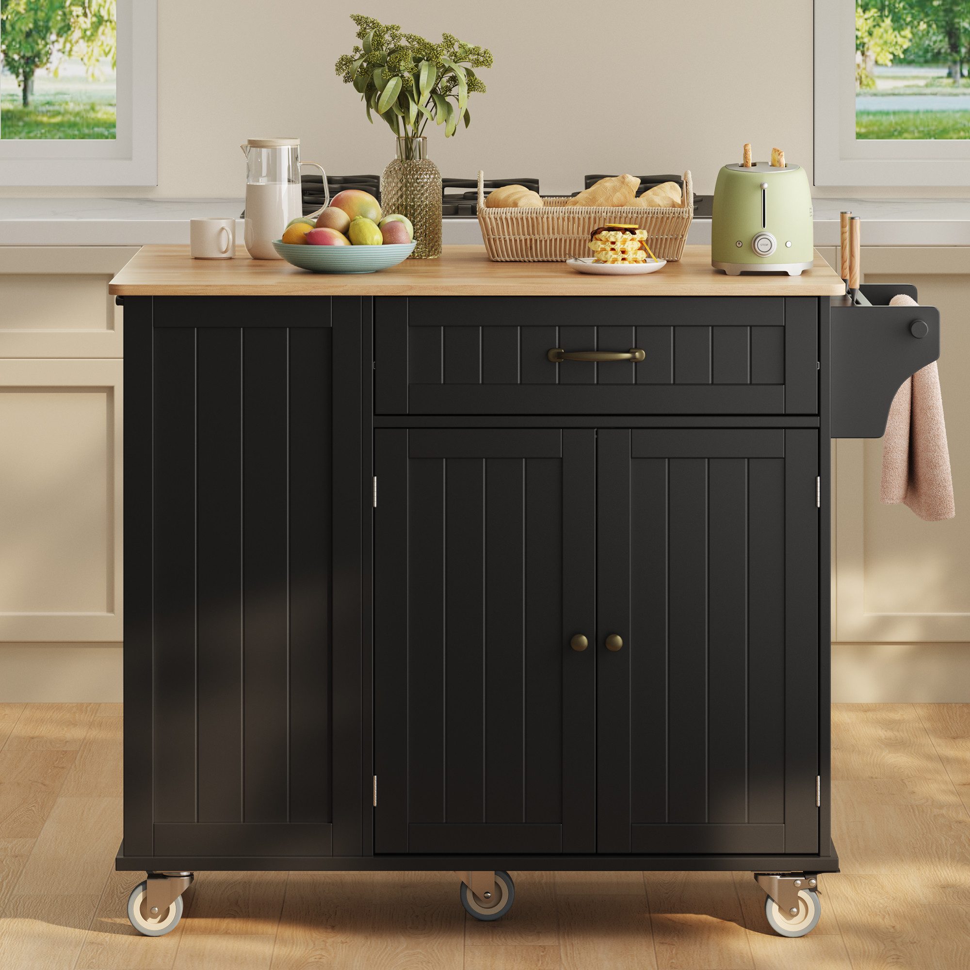 Blishom Küchenwagen Fahrbare Kücheninsel mit Mülleimerfach, 113x51x91 cm, Mobile Küchenwagen mit klappbarer Arbeitsplatte und Schubladen