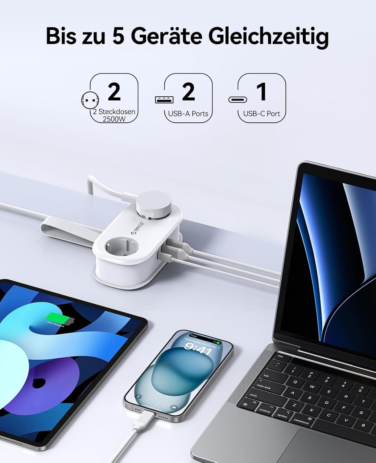 ORICO Steckdose AP3 20W Reisesteckdosenleiste mit USB-C PD, 1,5 m Kabel – kompakt für Reise & Home Office, 1-St., 2 Steckdosen & 3 USB-Anschlüssen, für Haushalt – Bild 2 von 5