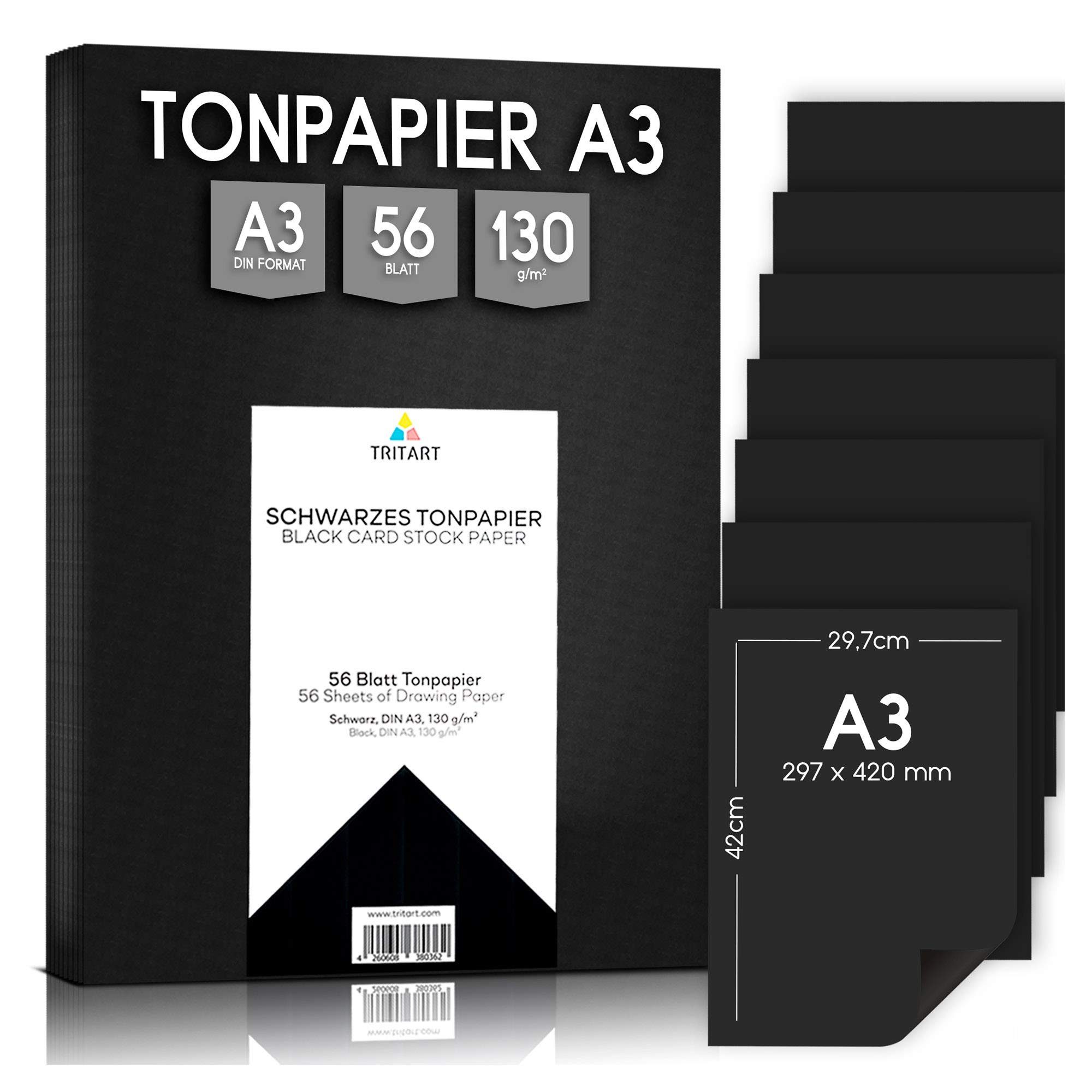 Tritart Aquarellpapier Schwarzes Tonpapier A3 130g/m², 56 Blatt