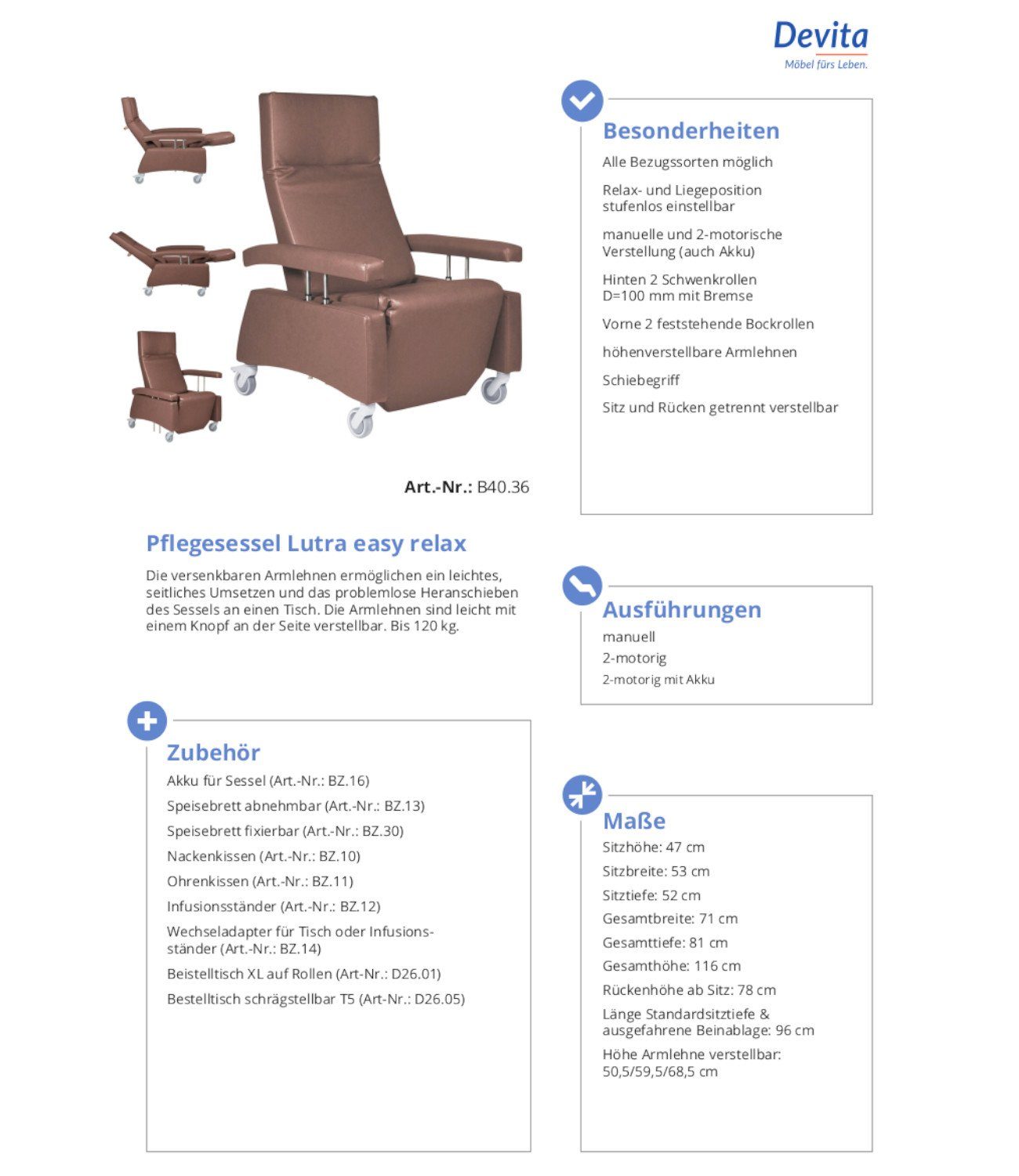 Devita Relaxsessel elektrischer Pflegesessel Lutra easy Relax mit Rollen bis 120 kg, mit Relaxfunktion