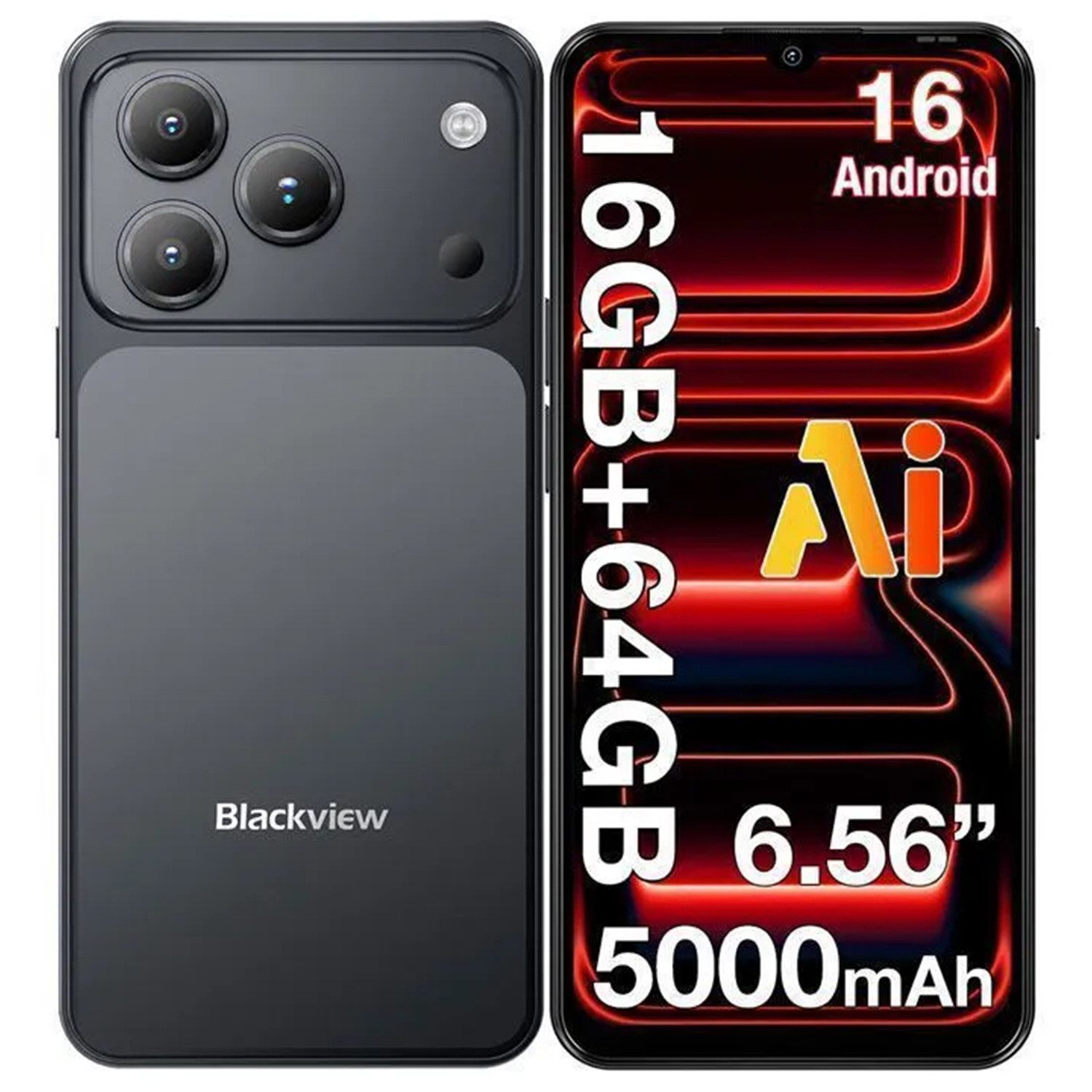 blackview Smartphone ohne Vertrag,16GB +128GB, 5000mAh Akku,Android 16, Dual SIM Smartphone (6.56 Zoll, 64 GB Speicherplatz, 6,56" HD+ Display, Face ID, KI-Smartphone mit Doke AI 2.0, IP54)
