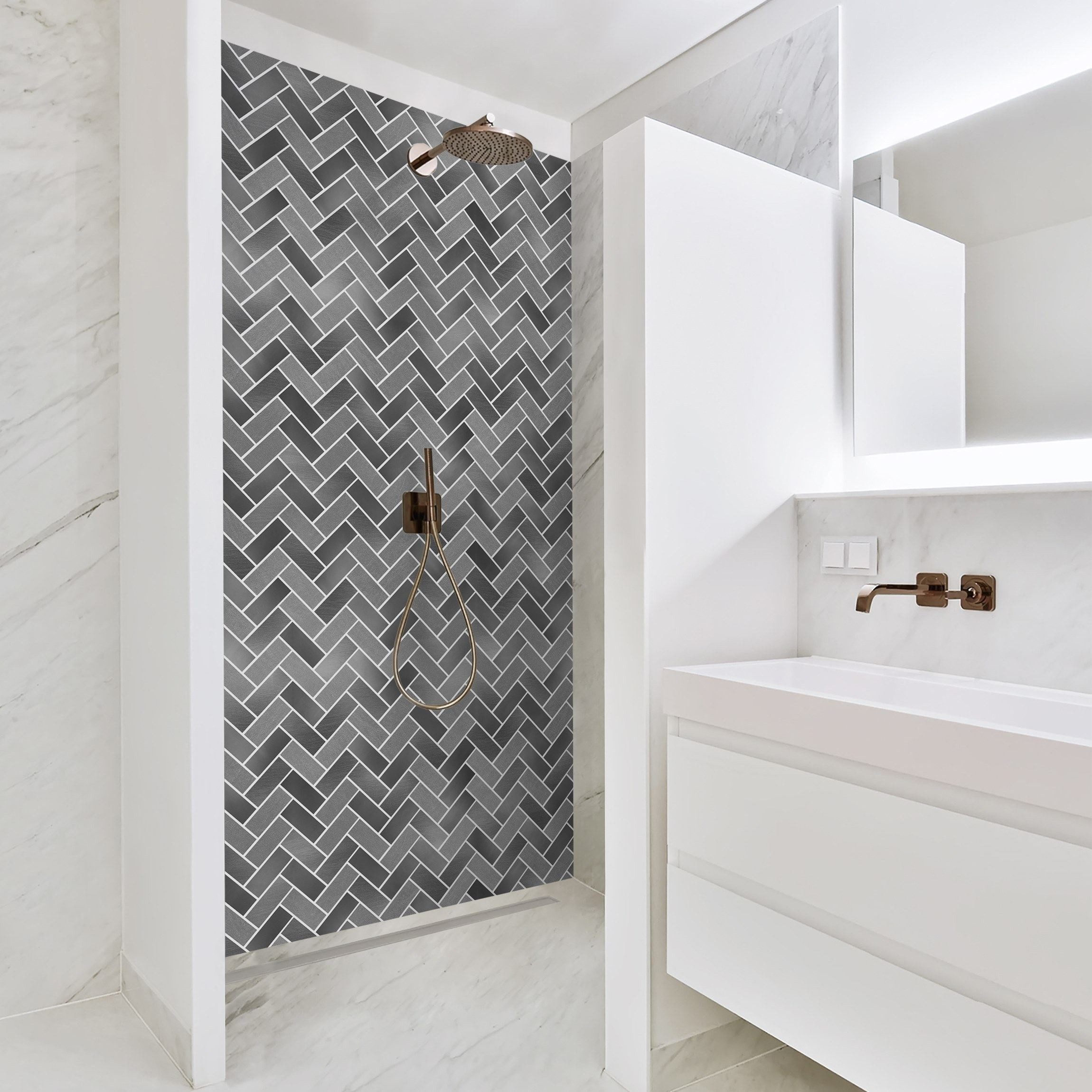 Bilderdepot24 Duschrückwand Fliesenoptik grau Duschrückwand ohne Bohren Dusche, (1-tlg., 0,61 mm starke Folie selbstklebend Wandpaneele Dusche versch. Größen), fugenlose & wasserfeste Motiv Rückwand Wandverkleidung für Duschkabine