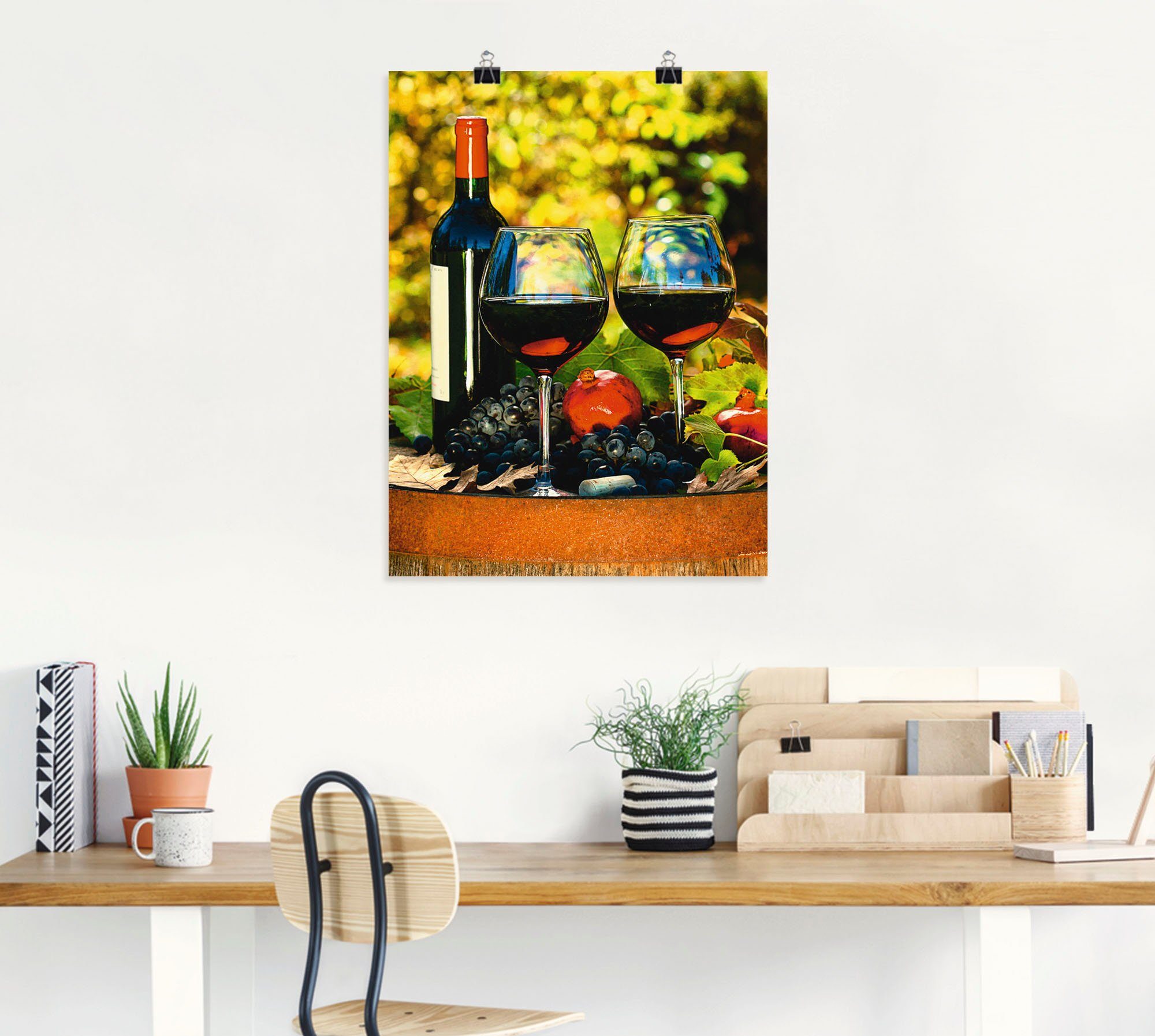 Artland Gläser als Alubild, Getränke versch. Größen (1 St), in auf Leinwandbild, Wandaufkleber Poster altem Fass, Wandbild Rotwein oder