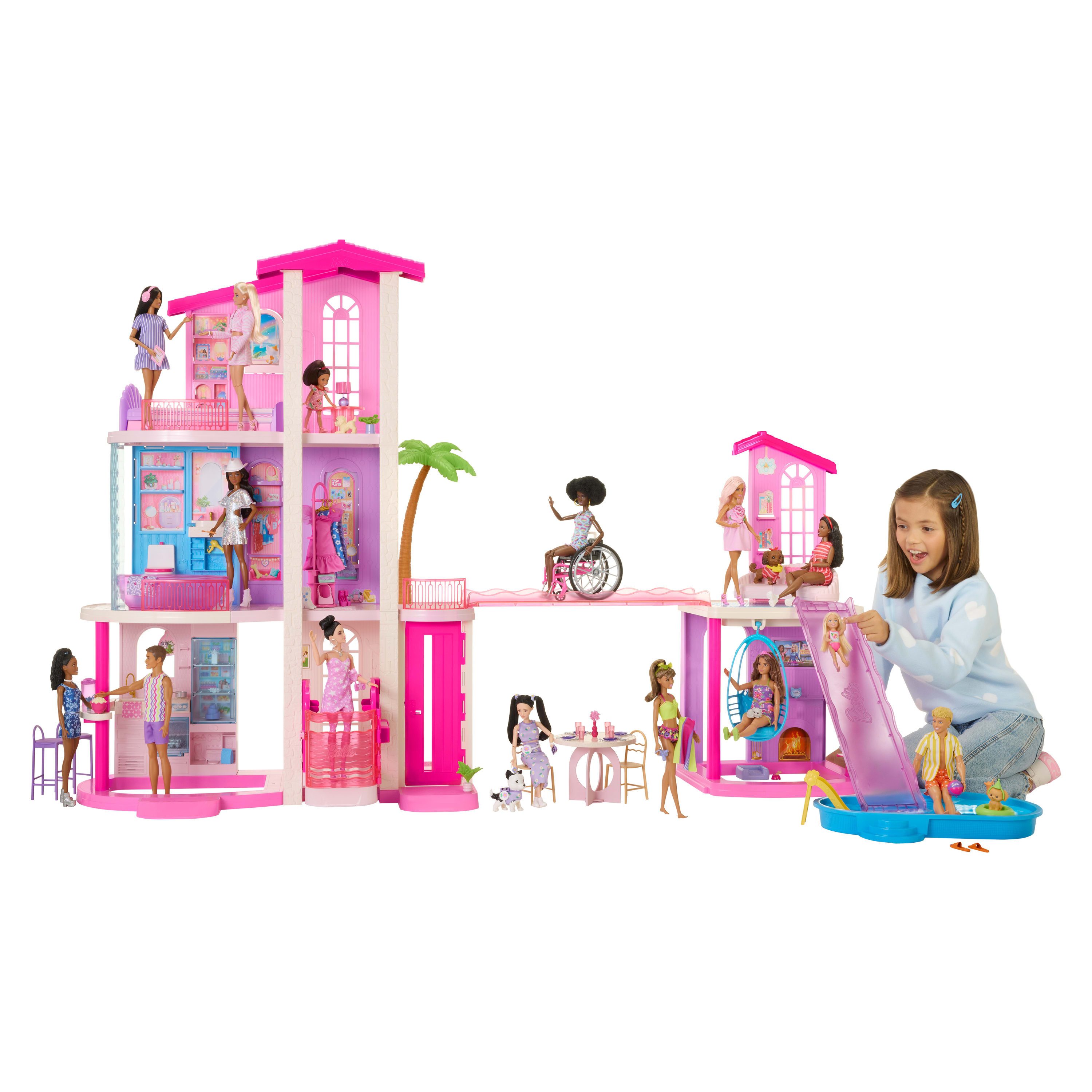 Barbie Puppenhaus Barbie Traumvilla (2026), mit Licht, Sound, 2 Pools, 2 Rutschen, 2 Häuser, Aufzug, 3 Etagen