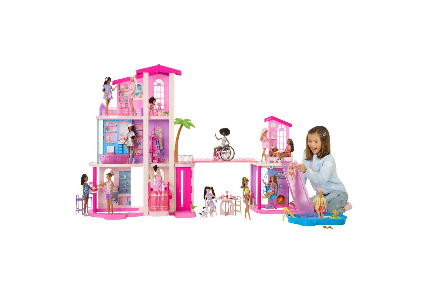 Barbie Puppenhaus Barbie Traumvilla (2026), mit Licht, Sound, 2 Pools, 2 Rutschen, 2 Häuser, Aufzug, 3 Etagen