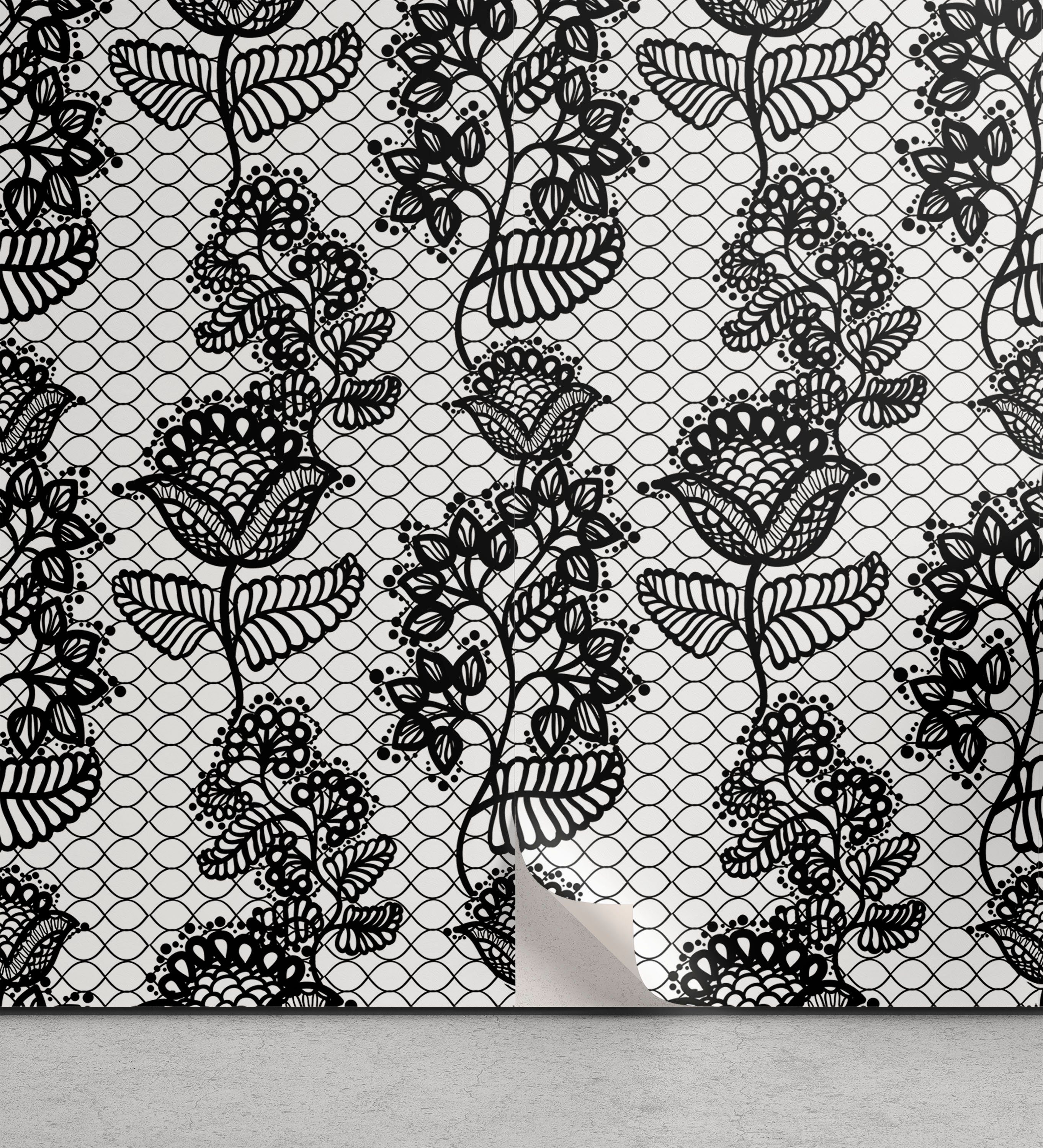 Abakuhaus Vinyltapete selbstklebendes Wohnzimmer Küchenakzent, Schwarz-Weiss Lace-Art-Blumen