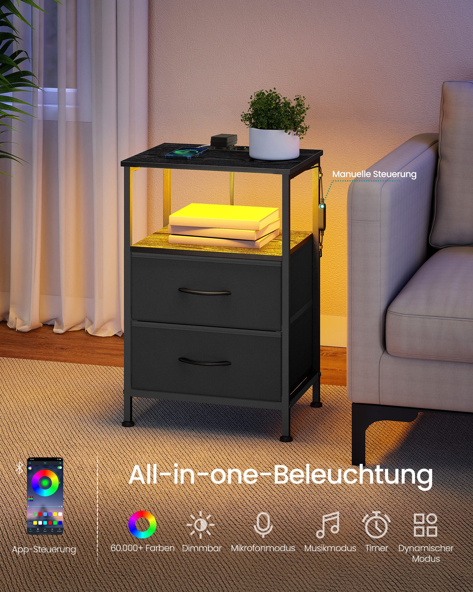 SONGMICS Nachttisch, mit Ladestation, Beistelltisch mit App-gesteuerter, LED-Beleuchtung