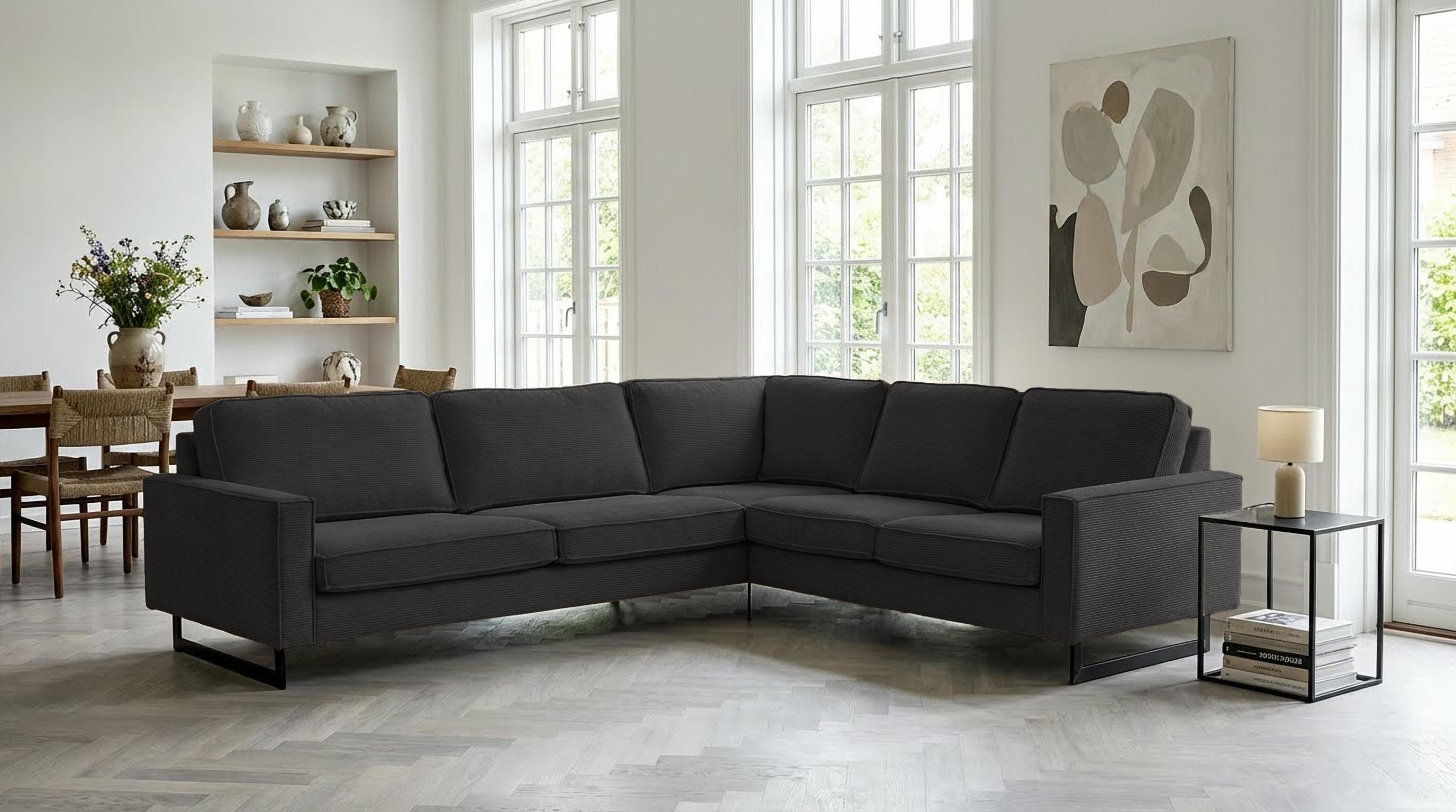 Home affaire Ecksofa Pinto, XXL, 250/290 cm, langer Schenkel, Ottomane, Cord, Chenille, Lederoptik, mit Keder, Metallfüße, Wellenunterfederung