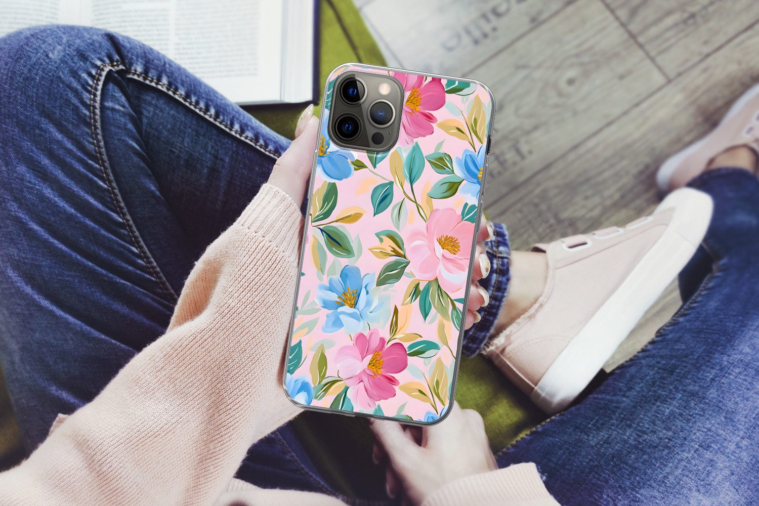 MuchoWow Handyhülle für Apple iPhone 13 Pro Blau - Rosa - Blumen, Smartphone-Bumper, Print, Handy Schutzhülle Dünn