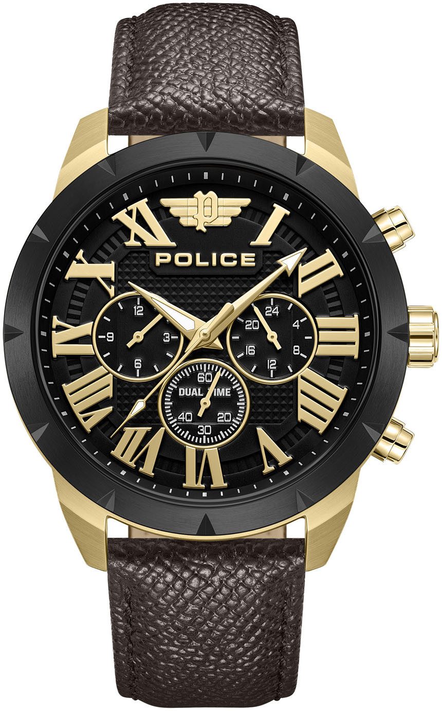 Police Multifunktionsuhr ROMAN PEWGF0039340, Quarzuhr, Armbanduhr, Herrenuhr, Made in Germany, Lederarmband, analog