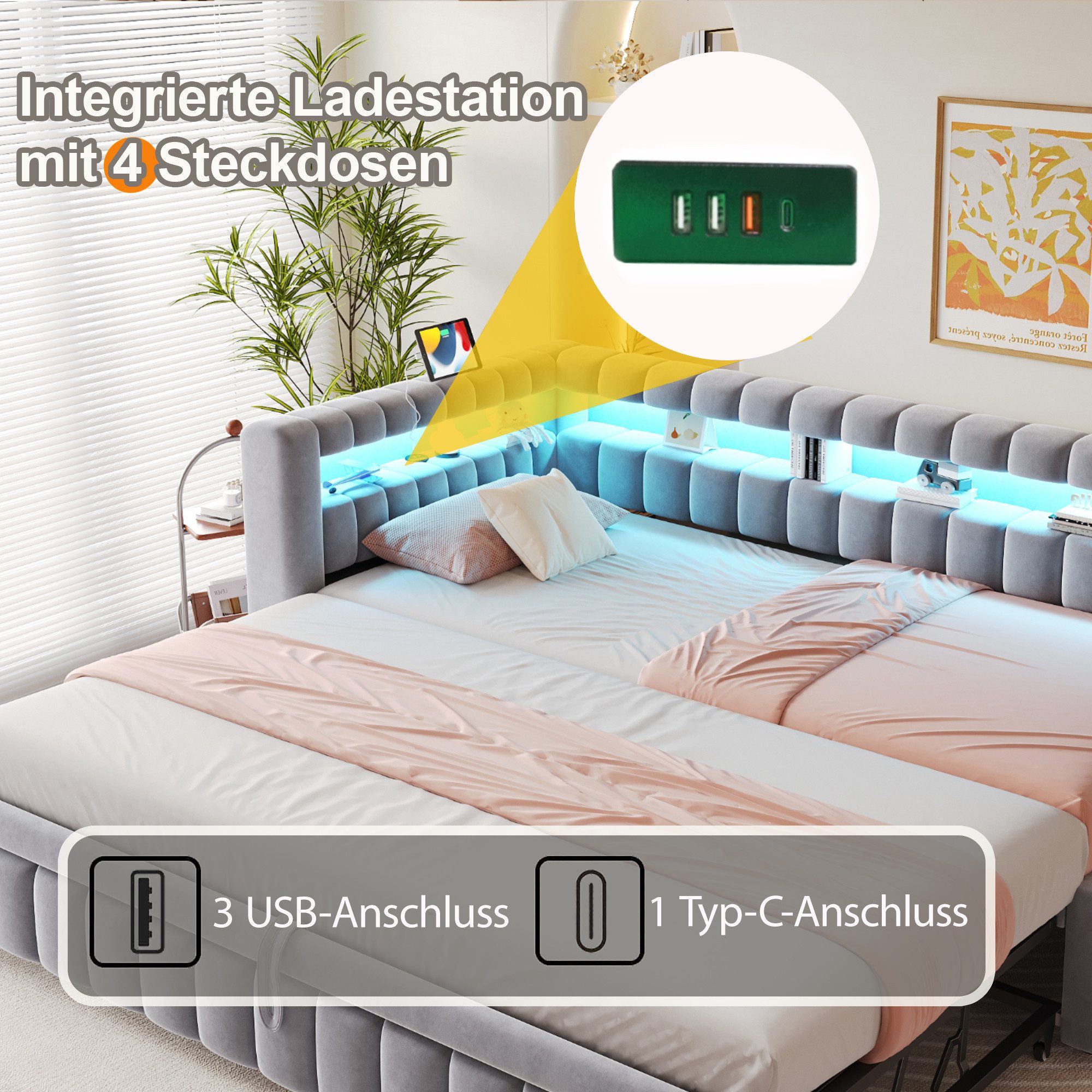 Odikalo Schlafsofa Schlafcouch Tagesbett Daybed Daybett USB Kopfteil 90x200cm Mehrfarbig – Bild 4 von 5