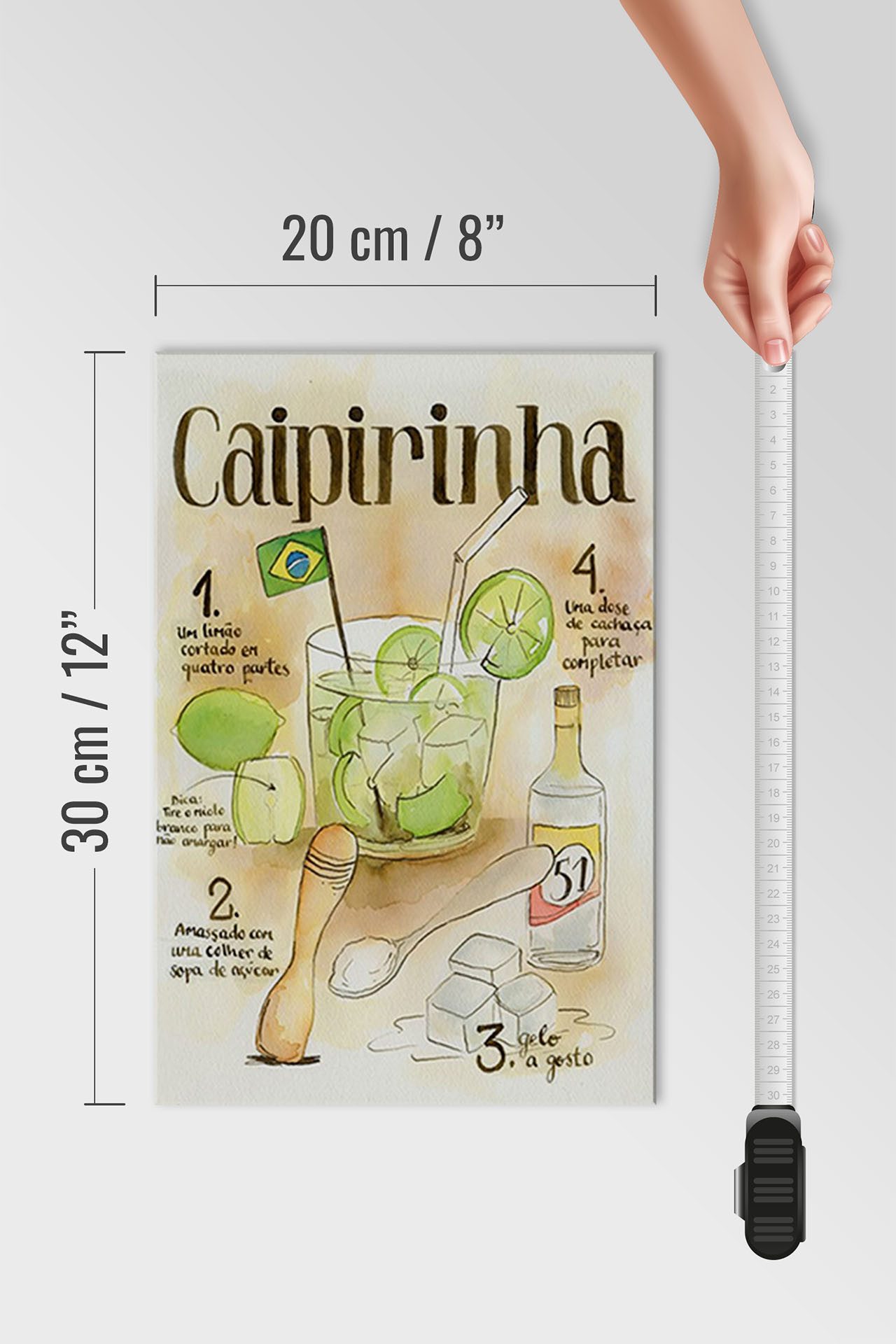 Femer GmbH Holzbild Rezept 20x30cm Caipirinha limao dose de cachaca, Essen Trinken Genuss (1 St), Glatte Holzfaserplatte (MDF), vorn beschichtet