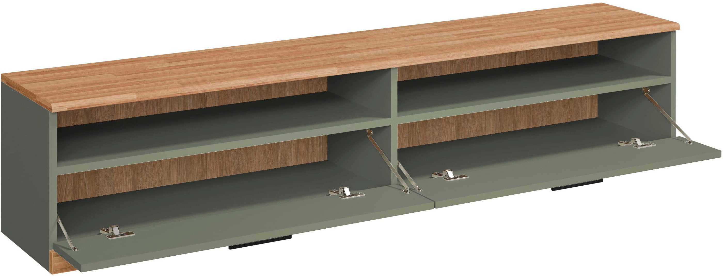 Home affaire Lowboard Ribe,140cm breit,38cm hoch mit 2 Klappen,Oberplatte aus Massivholz, Eiche massiv,Melamin in Salbeigrün,schwarze Metall Griffe