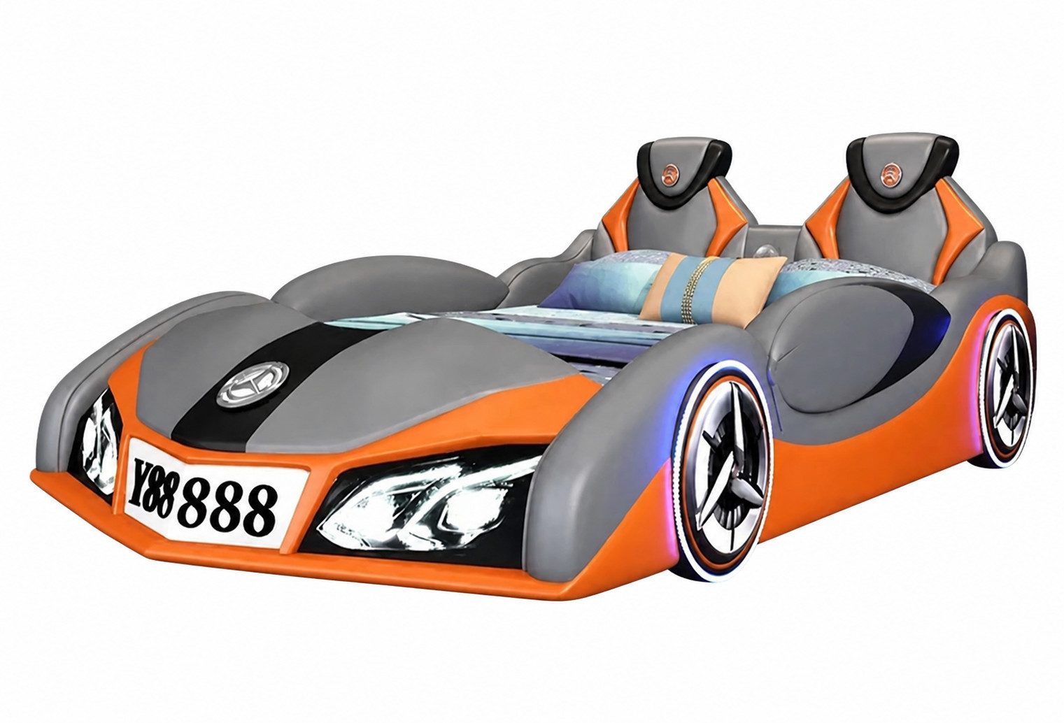 JVmoebel Autobett Orange-graues Kinderbett Auto Bluetooth-Lautsprecher LED-Beleuchtung, Made in Europa