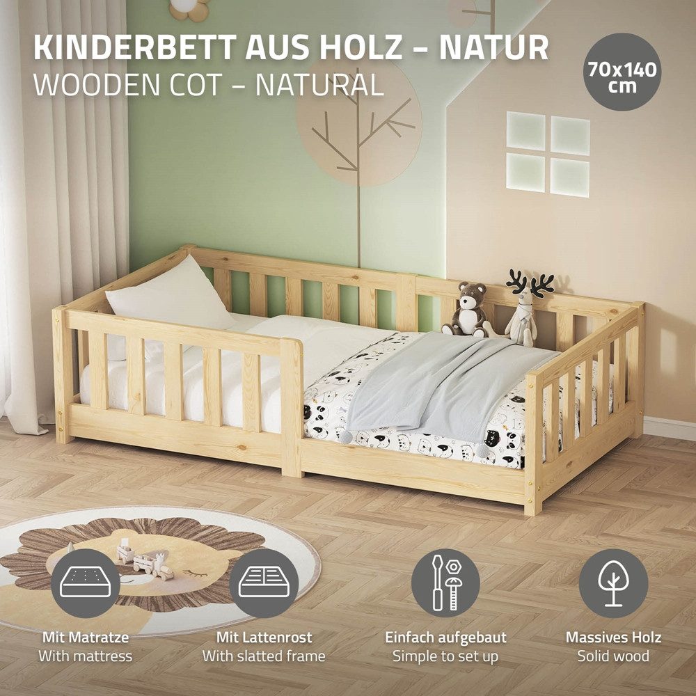 ML-DESIGN Spielbett Bodenbett Holzbett mit Lattenrost & Rausfallschutz Jugendbett Babybett, Abenteuerbett mit Matratze H-10 cm 70x140cm Kinderbett Bettgestell – Bild 2 von 5