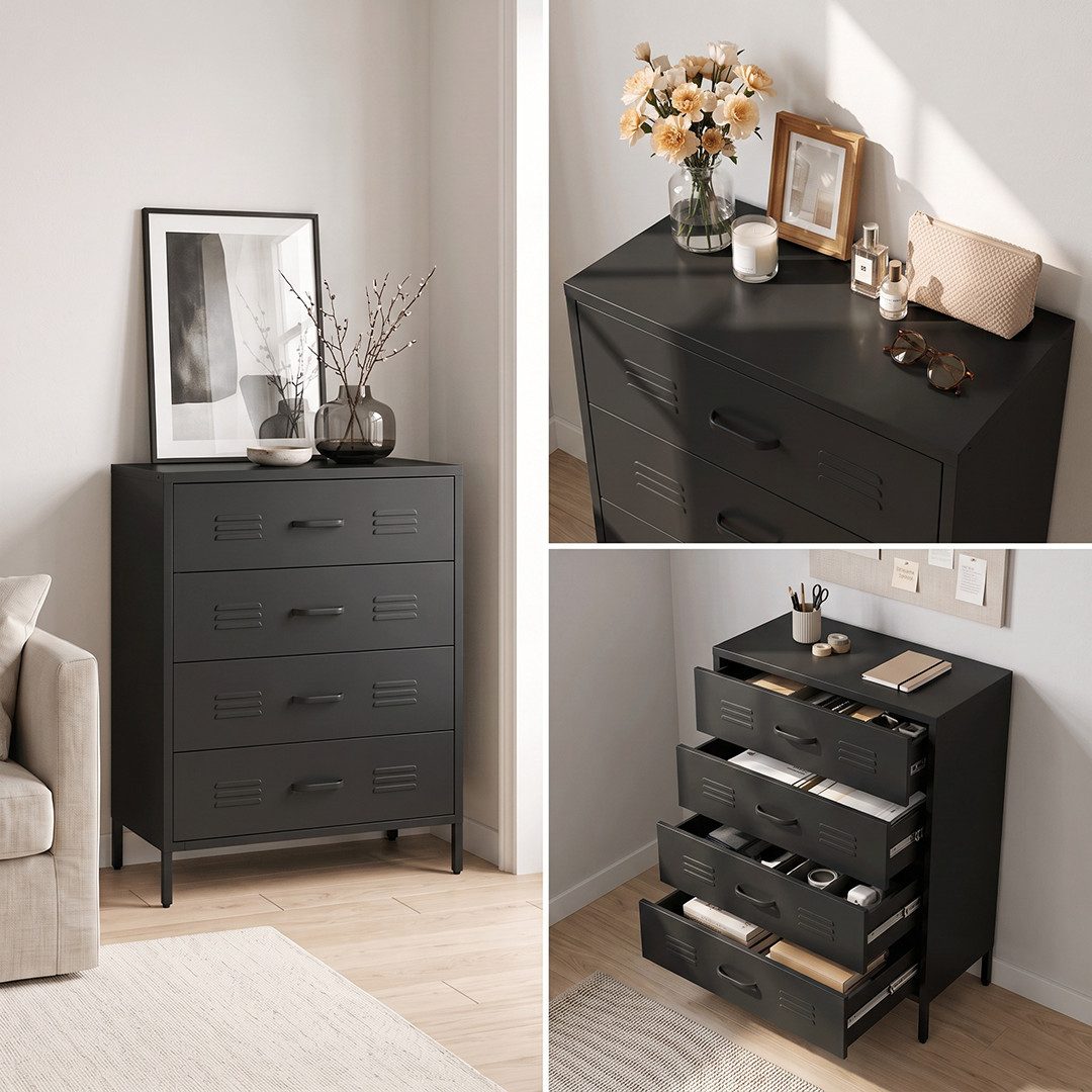 skølm Kommode Atria aus Metall (Schwarz), Sideboard mit 4 Schubladen, Metallschrank mit höhenverstellbaren Füßen – Bild 5 von 5