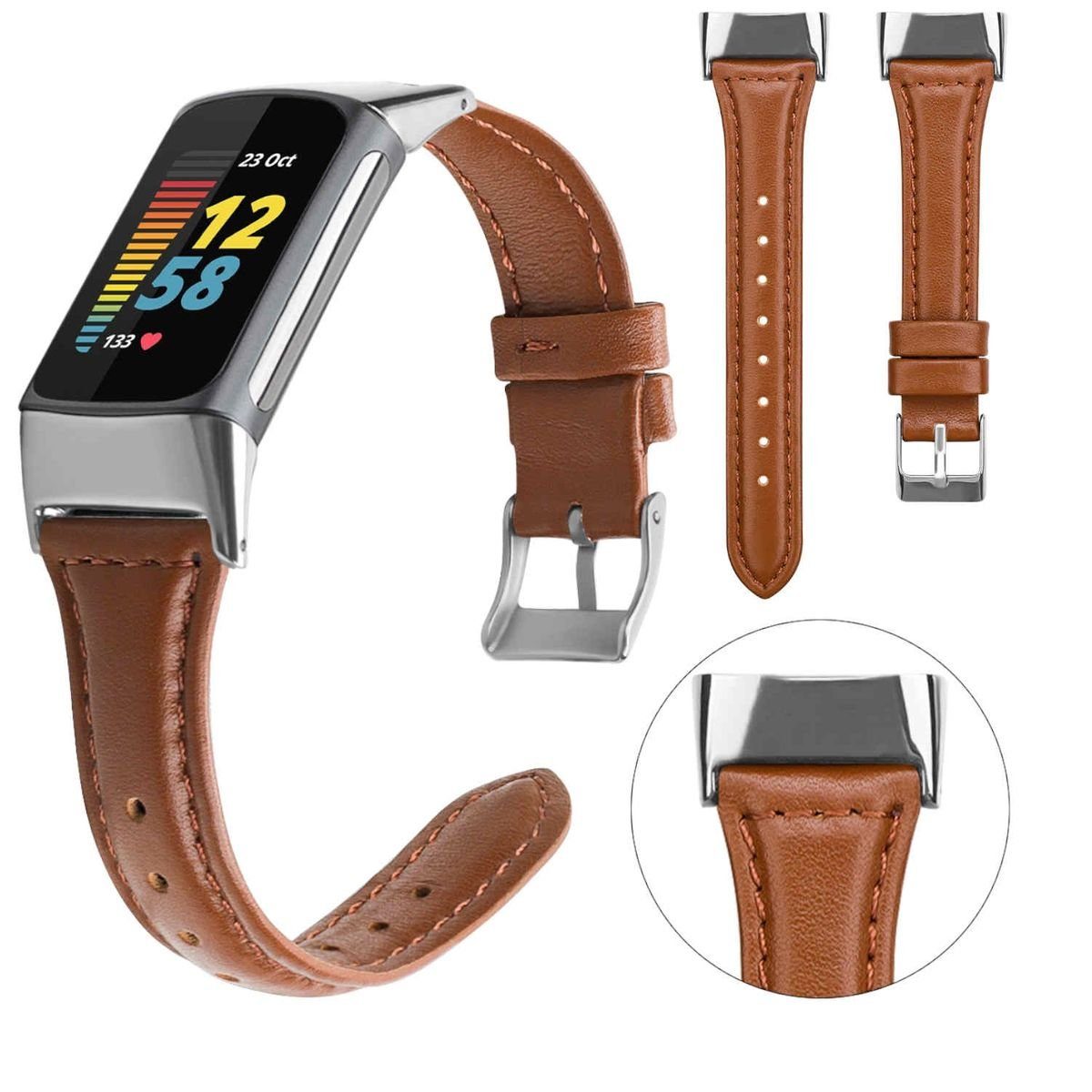 Wigento Smartwatch-Armband Für Fitbit Charge 6 / 5 Leder Watch Sport Armband  Männer Größe L Braun