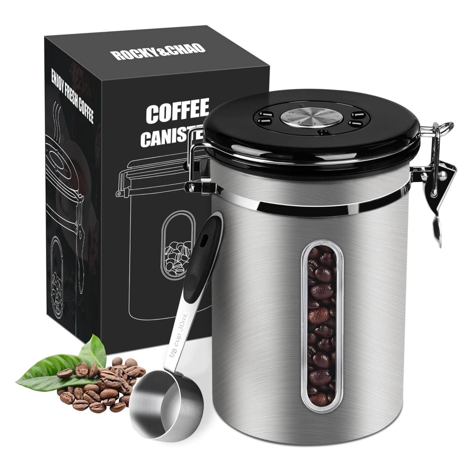 BlingBin Kaffeedose 1.8/2.5L Edelstahl Kaffeebohnen Vorratsdose,Luftdichte Kaffeebehälter, Edelstahl, (1er Set, 1-tlg., 12.5*19cm), Kaffeedose mit CO2-Ventil, Messlöffel & Datumsanzeige für Nüsse Kakao