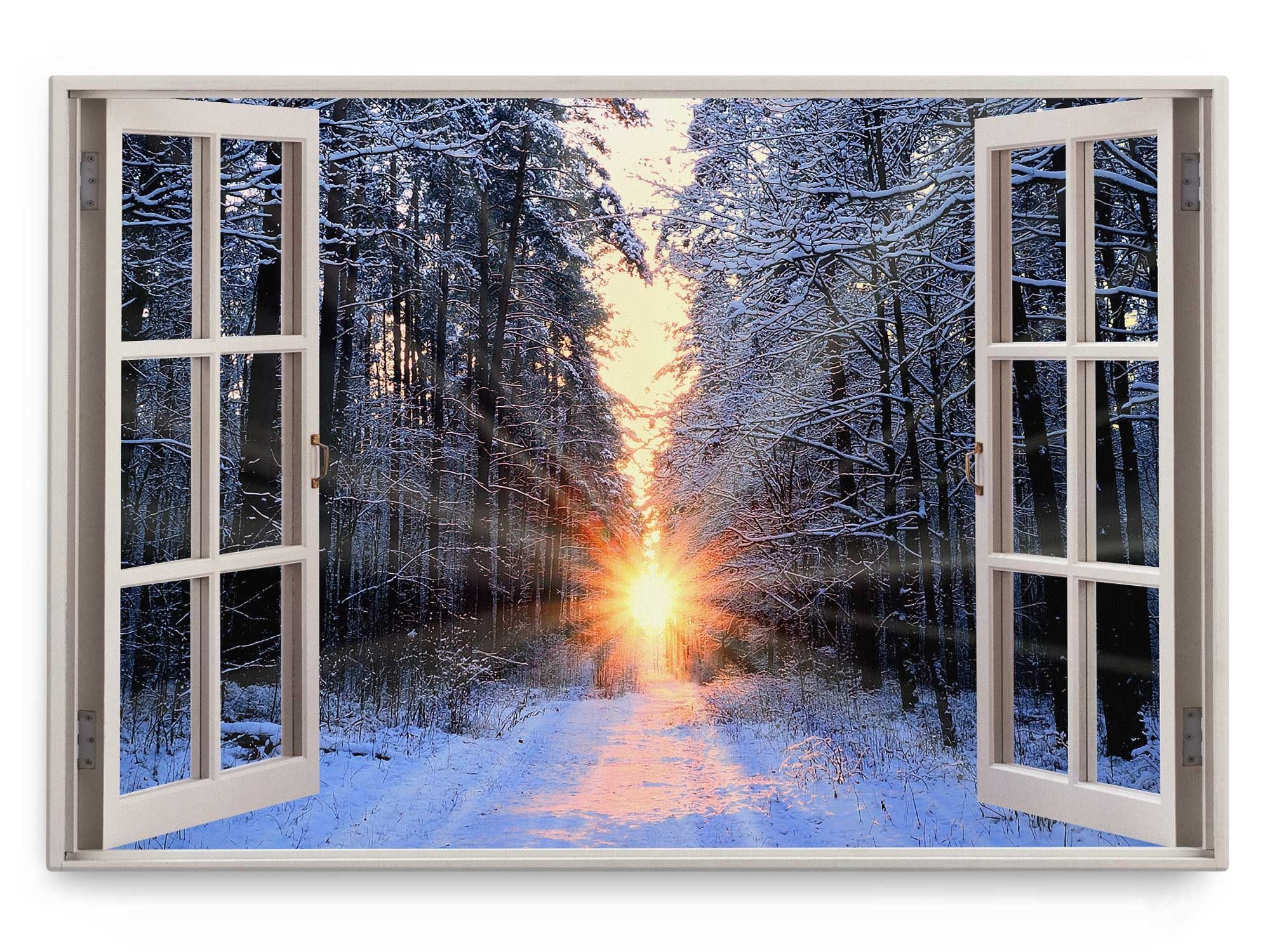 Leinwandbild Wandbild 120x80cm Fensterbild Winter Schnee Wald Sonnenstrahl Sonnenun