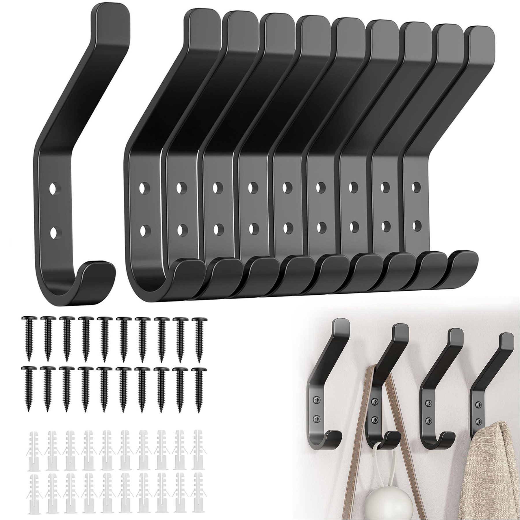 Keyura Hakenleiste 10-Stück Garderobenhaken, Kleiderhaken zum Schrauben, (Haken für Akustikpaneele, Schlafzimmer,Wohnzimmer,Badezimmer,Wandhaken, für Garderobe, Jacken, Hut, Metall, Schwarz 10CM), zum aufhängen von kleidung, handtüchern, schlüsseln und mehr
