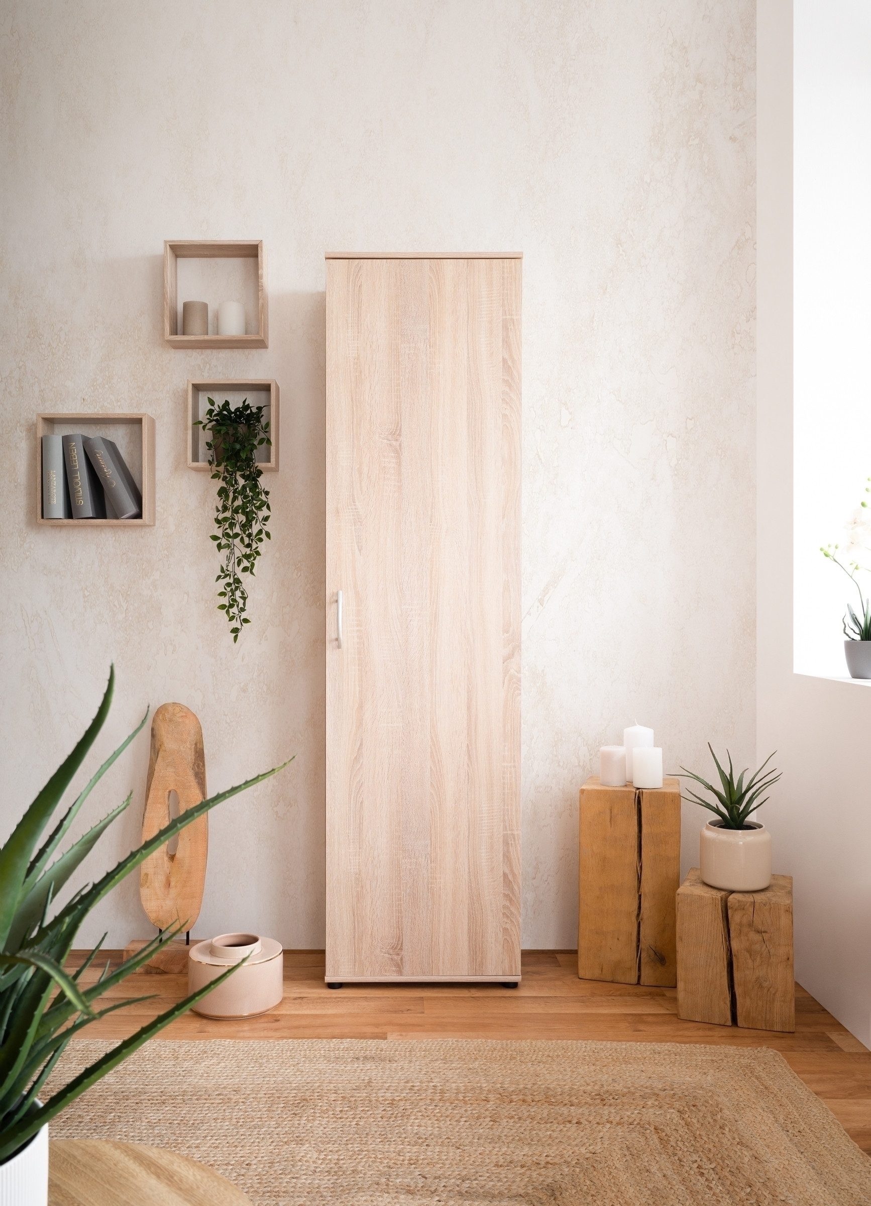 freiraum Garderobenschrank Andy 1 Tür, 5 Böden, in Sonoma Eiche Dekor - 50x187x34cm (BxHxT)