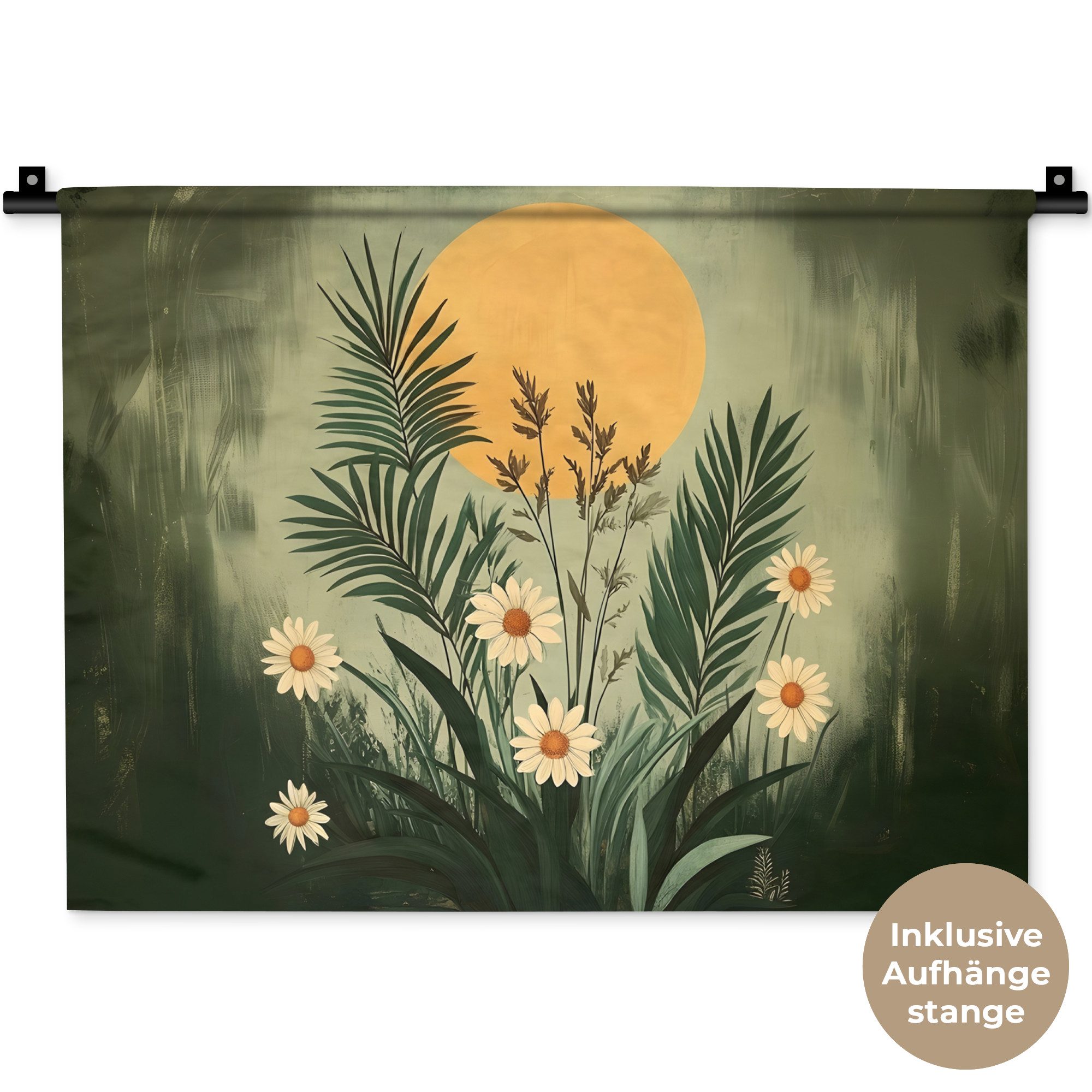 MuchoWow Wandteppich Blumen - Blätter - Sonne - Grün, Rechteckig, Höhe: 3 mm, Wanddeko Teppich Wohnzimmer, Schlafzimmer, 60x45 cm