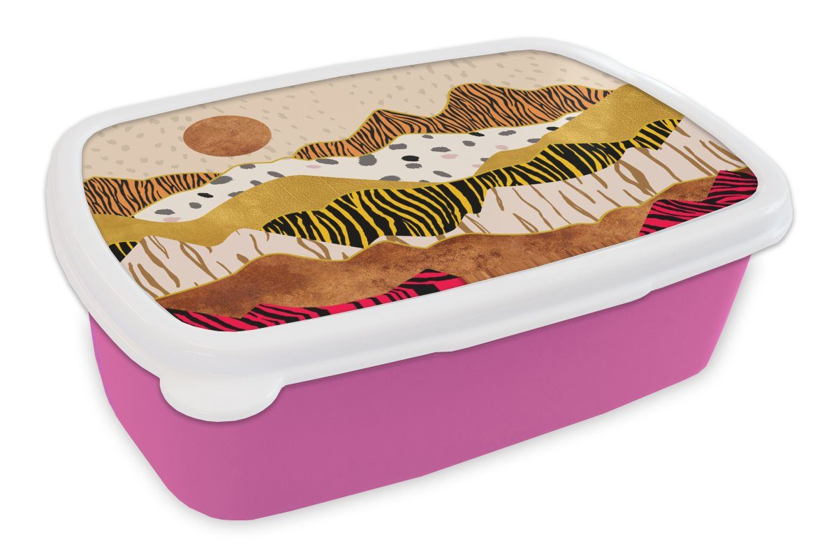 MuchoWow Lunchbox Tiger Druck - Pastell - Gold - Druck - Tiger - Abstrakt, Kunststoff, (2-tlg), Brotbox für Erwachsene, Brotdose Kinder, Snackbox, Mädchen, Kunststoff rosa