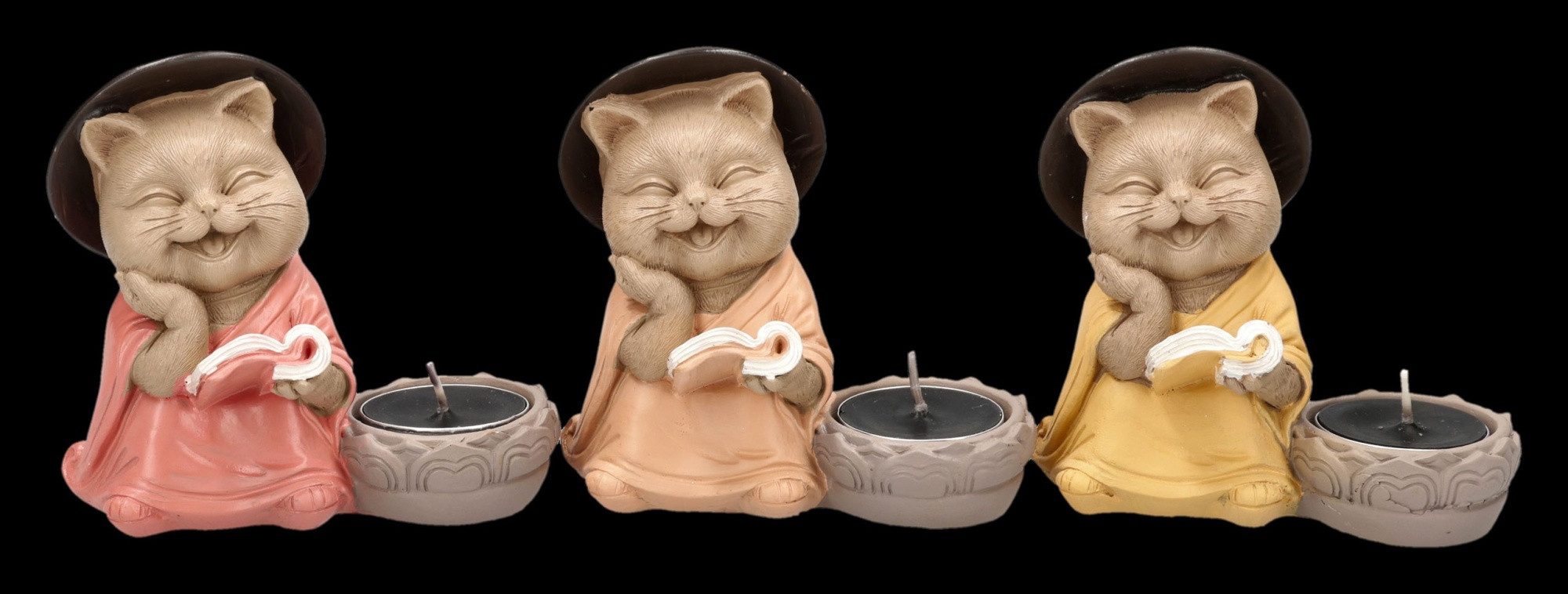 Figuren Shop GmbH Teelichthalter Buddha Katzen Teelichthalter Set – Katzenfigur Deko 3er Set 11 cm