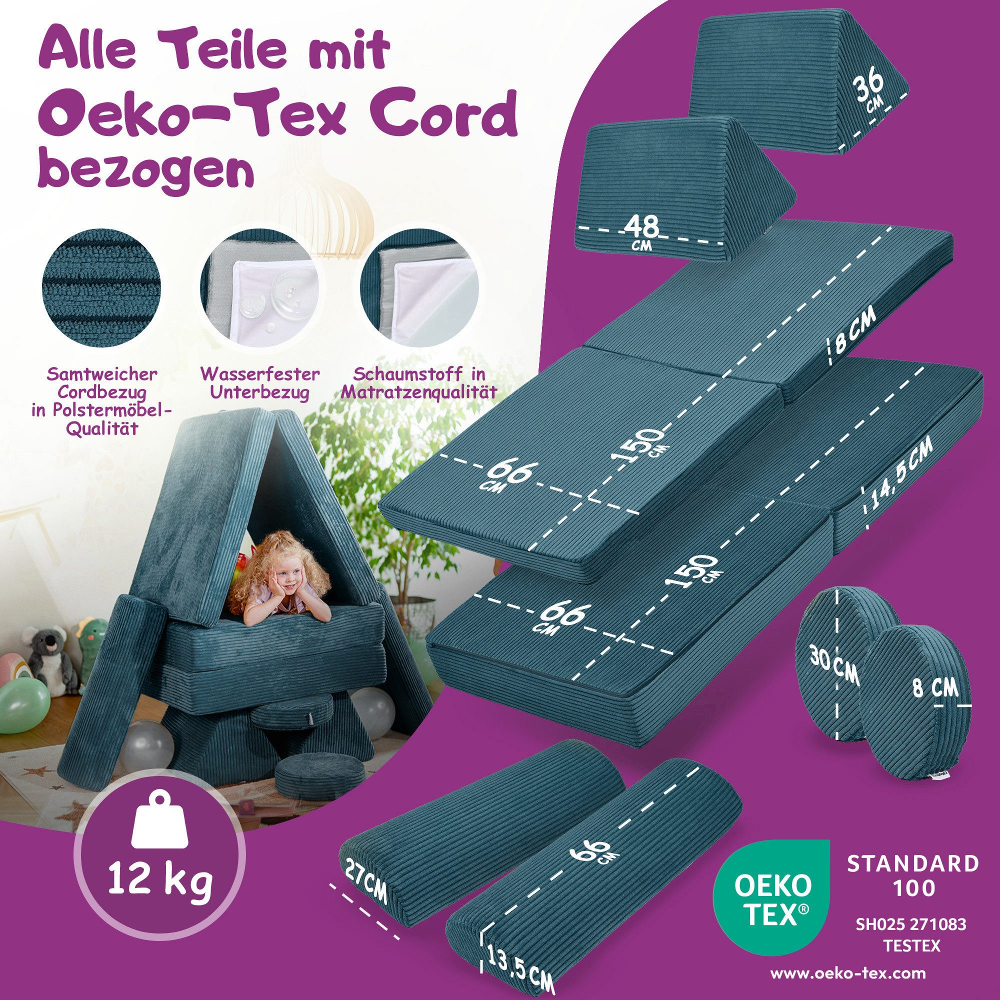 Linodino Kindersofa Spielsofa I Schaumstoff Stapelsteine für Kinder I Kindercouch, 3 Jahre Garantie – Bild 5 von 5