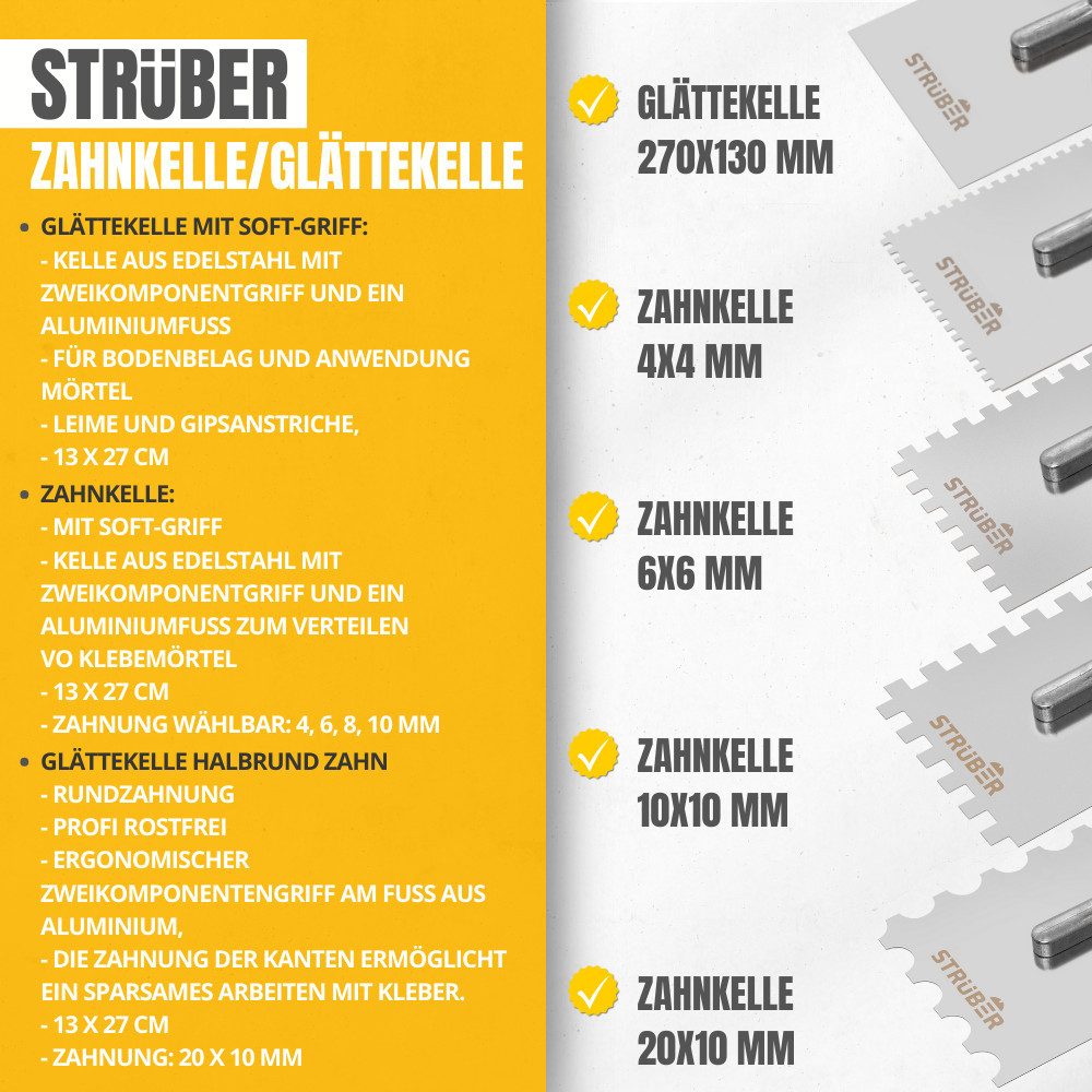STRÜBER Zahnkelle STRÜBER Glättekelle / Zahnkelle mit Softgriff - 270x130 - Edelstahl