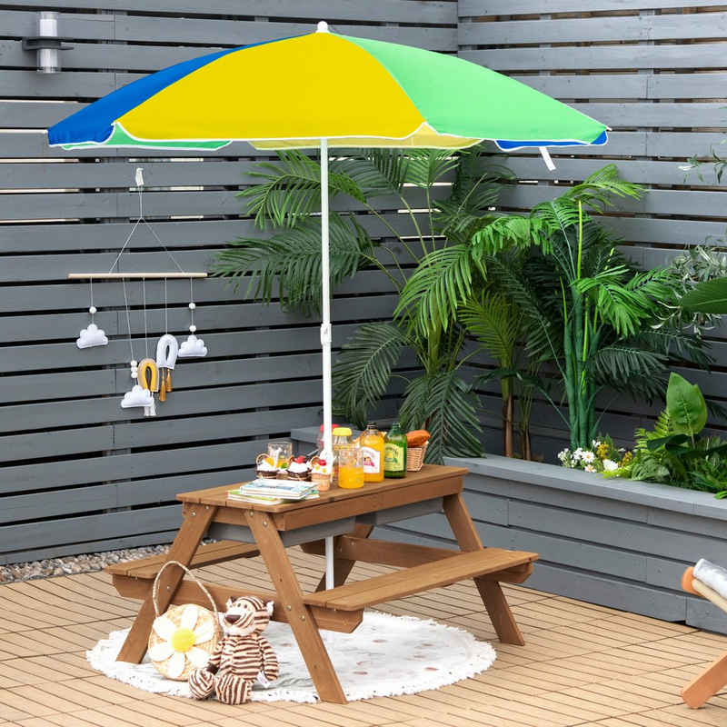 COSTWAY Garten-Kindersitzgruppe 4 Sitzer Picknick, Holz, mit Sonnenschirm