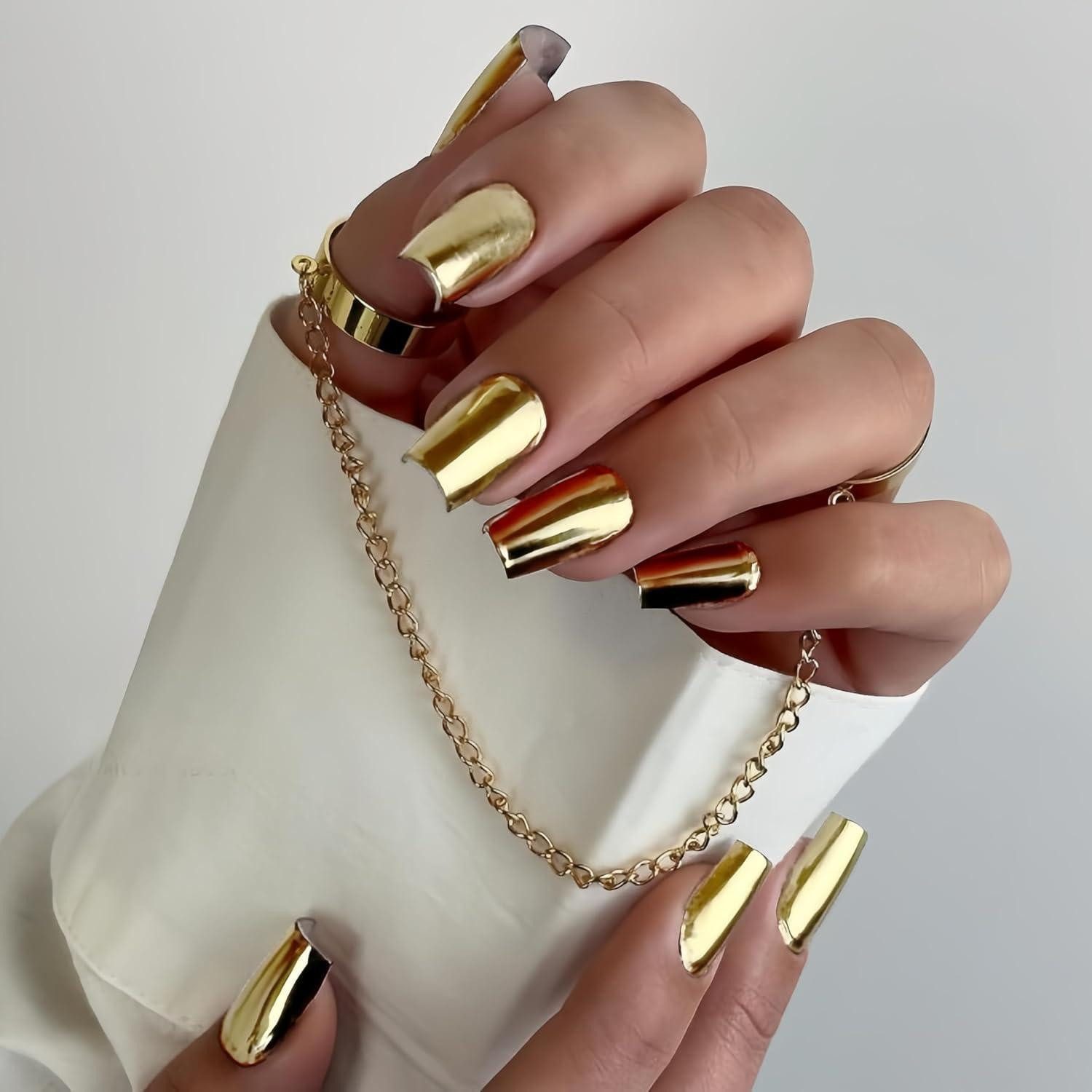LuxusKollektion Kunstfingernägel Press On Nägel Chrome Eckig Acryl Sparkle 24 Stück Metallic Gold