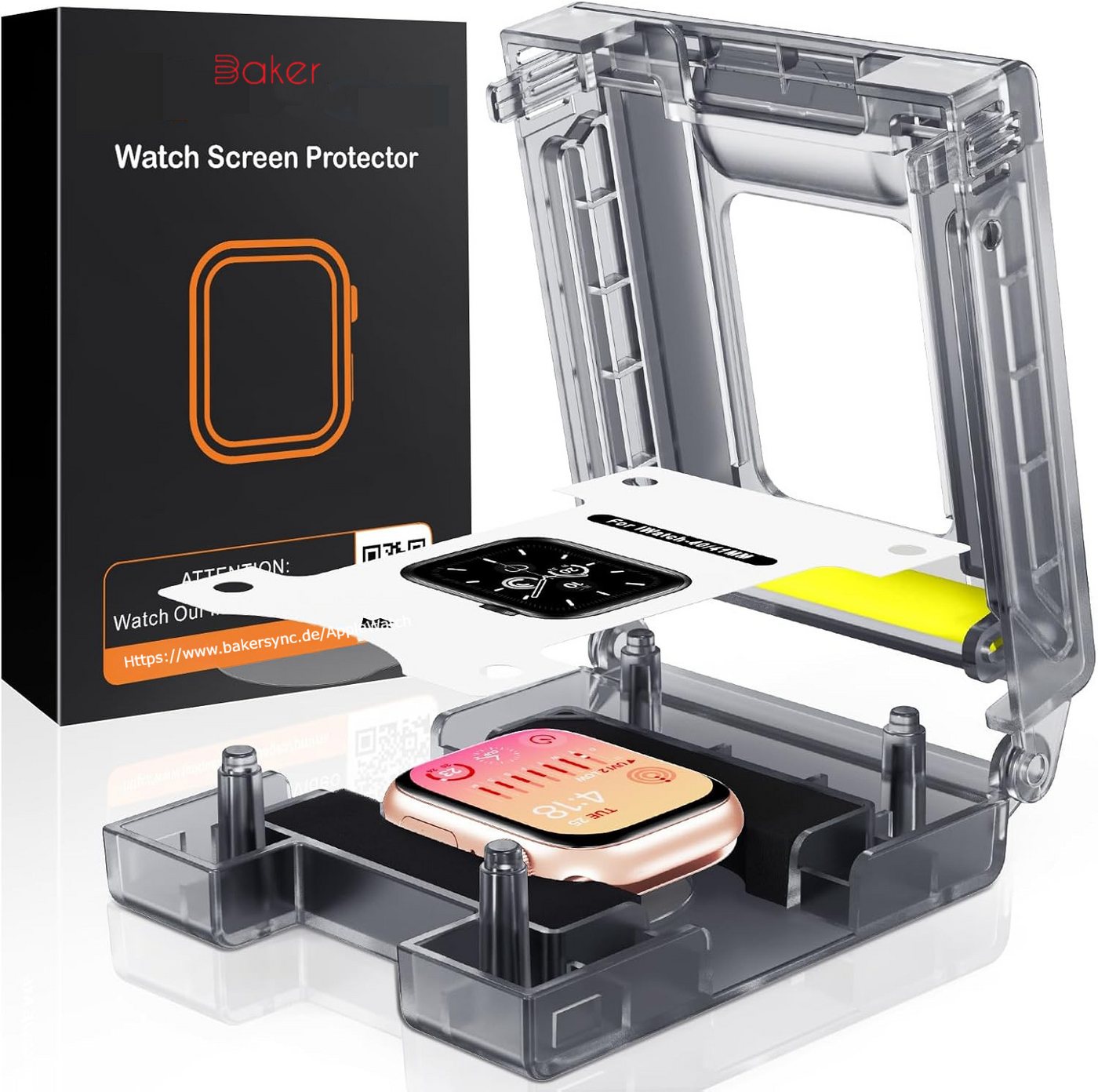 Baker Displayschutzfolie 2x Schutzglas für Apple Watch 4, 5, 7, 8, 9, 10 + Anbringhilfe für 40mm, 41mm, 42mm, 44mm, 45mm, 49mm, 46mm, SE, Ultra, Ultra2, (2 Pack), Einfache Installation, Anti-Staub, Schutzfolie, Panzerglas
