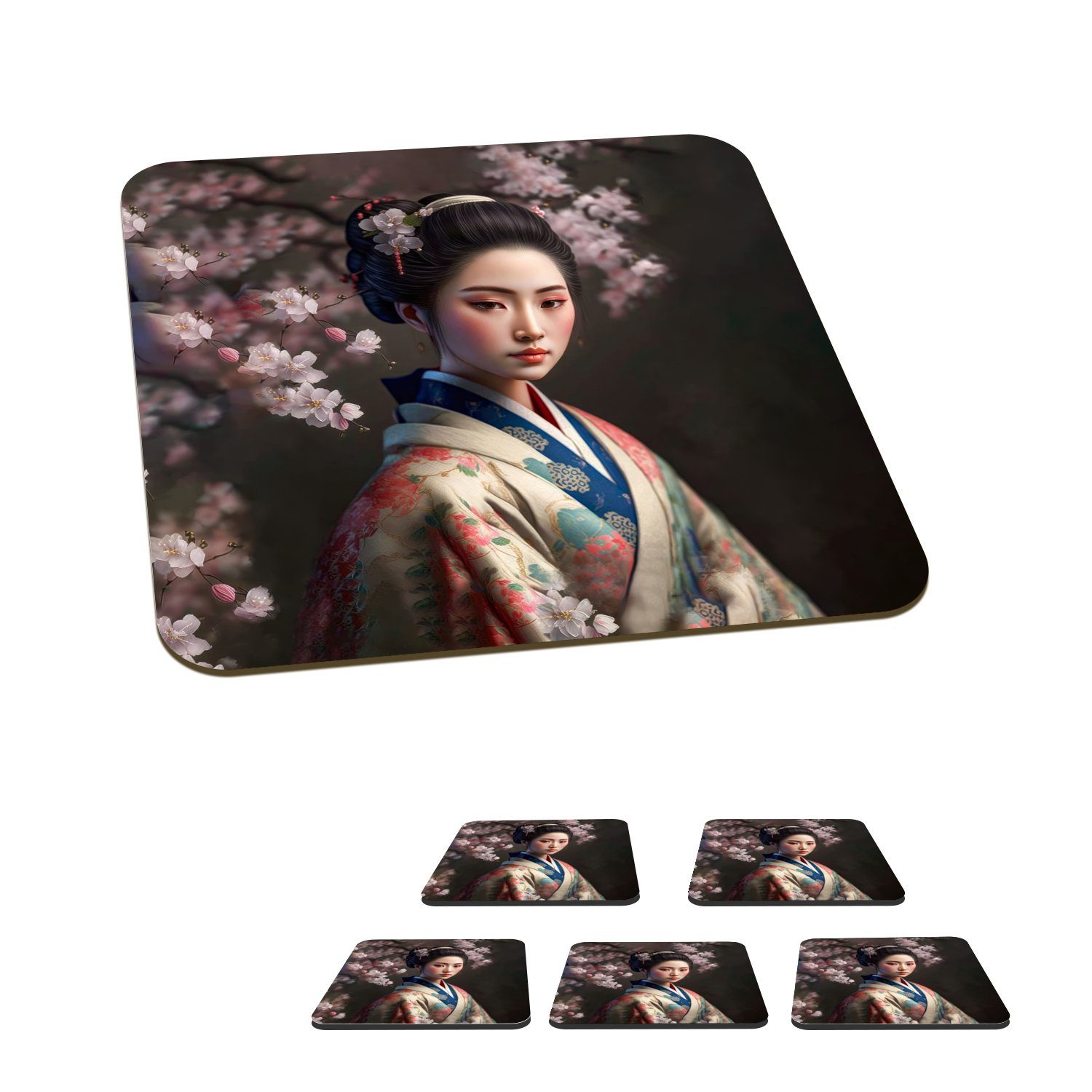 MuchoWow Glasuntersetzer Frau - Sakura - Kimono - Asiatisch - Porträt, Zubehör für Gläser, 6-tlg., Glasuntersetzer, Tischuntersetzer, Korkuntersetzer, Untersetzer, Tasse