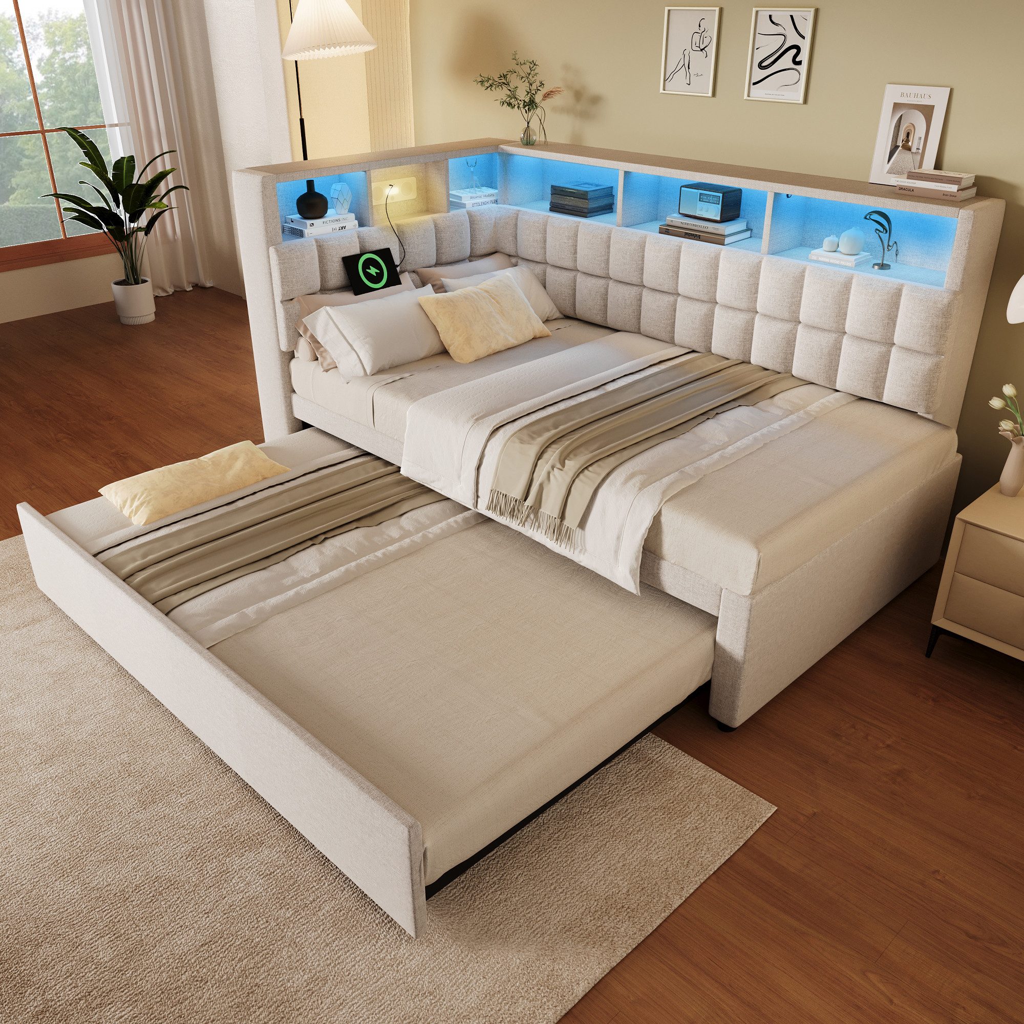 OKWISH Polsterbett Bett 90x200 cm mit Ausziehbett, LED und Ladeanschlüssen, Beige (Funktionsbett, 1-tlg., L-Kopfteil mit Stauraumregal, Schlafsofa/Gästebett), mit LED-Beleuchtung & USB/Type-C Ladestation