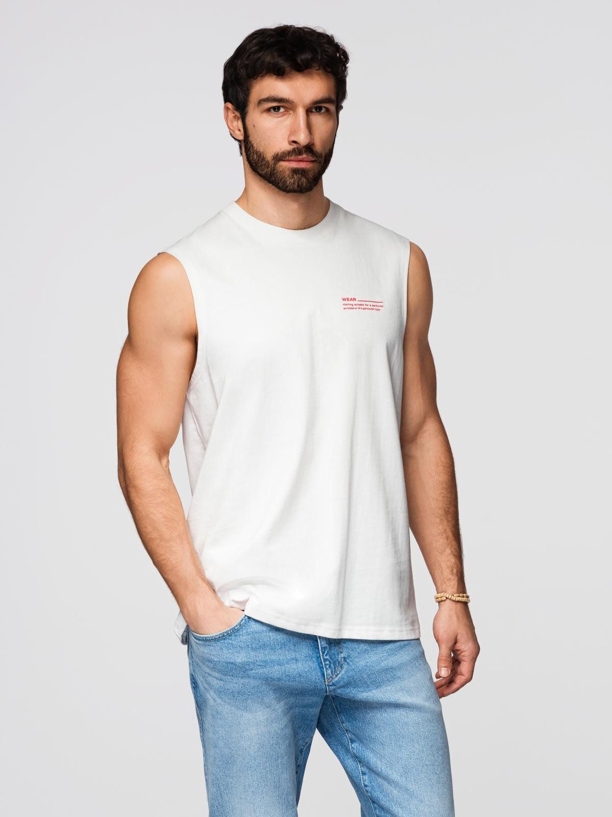 OMBRE Tanktop Herren Tank Top Loose Fit Baumwolle Uni Weiß L (kein Set, 1-tlg) Kontrastierende Details