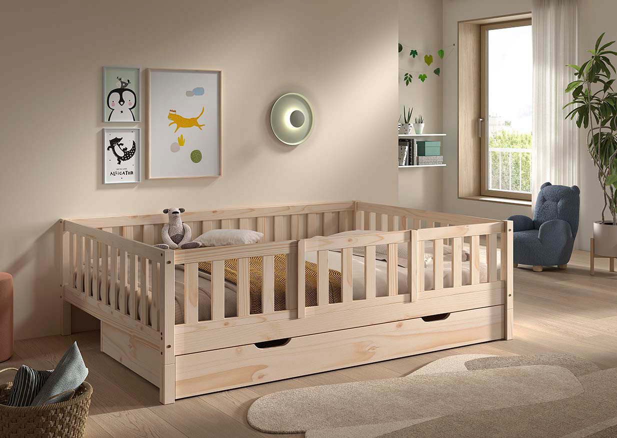 Vipack Daybett Dallas Massiv Bett mit Rausfallschutz umbaubar vom Boden- zum Daybett, mit Bettschublade, wahlweise Kiefer massiv natur oder weiß