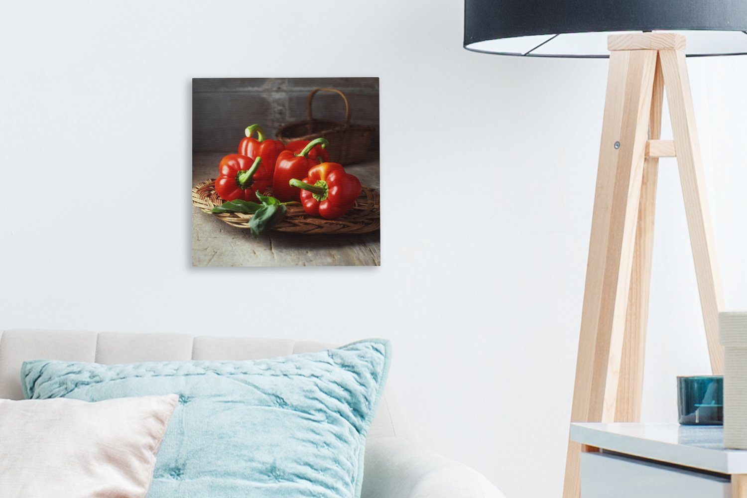 Leinwand rote für Schlafzimmer (1 St), Vier Leinwandbild Bilder einem in OneMillionCanvasses® Wohnzimmer Weidenkorb, Paprikaschoten