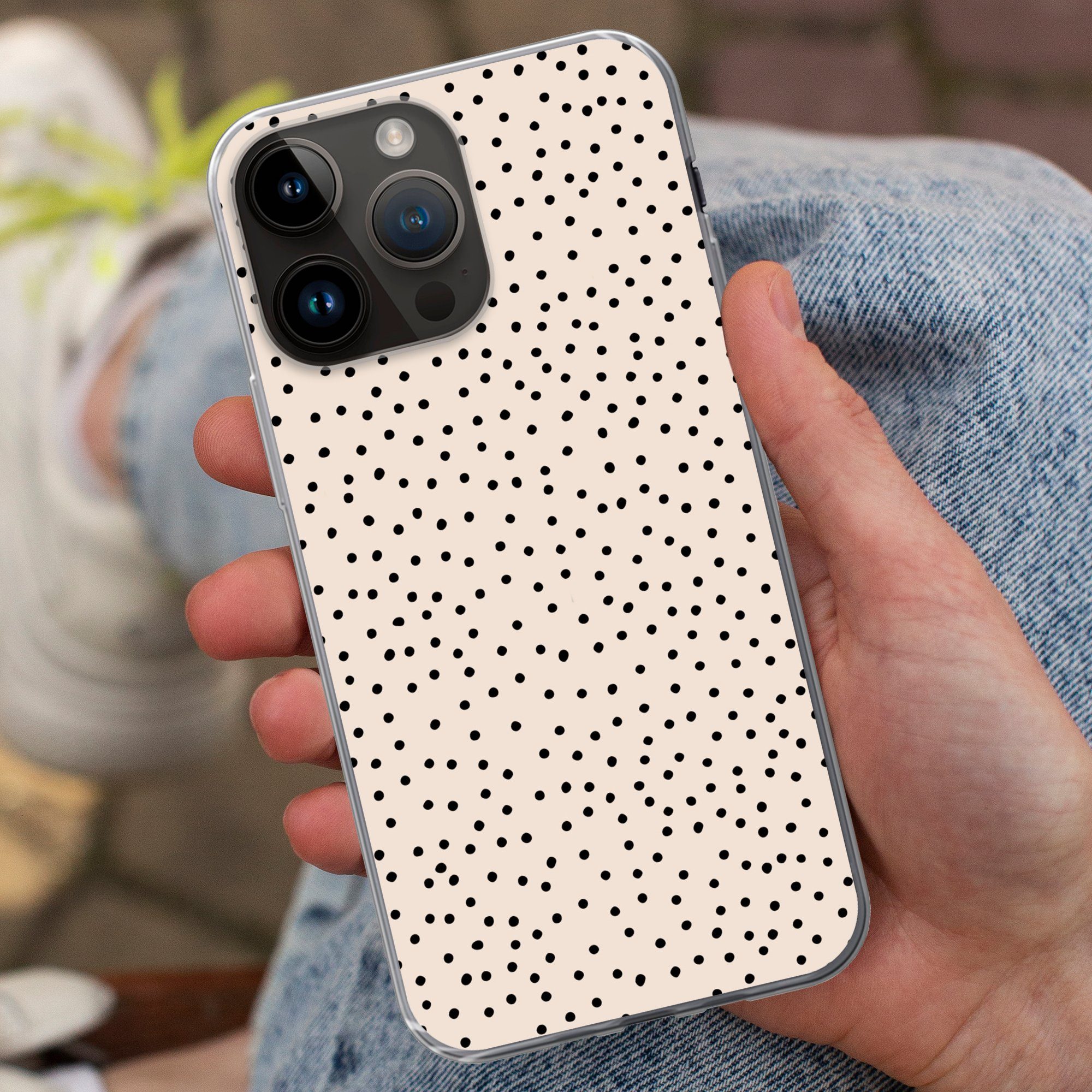 MuchoWow Handyhülle für Apple iPhone 14 Pro Max Polka dot - Beige - Schwarz, Smartphone-Bumper, Print, Handy Schutzhülle Dünn